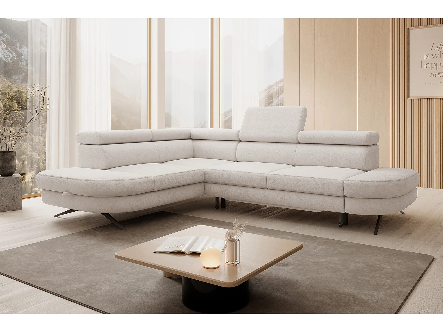 DomoHome canapé d'angle OTIS couchage tête réglable AURORA tissu gauche 131x207cm 276x218x97cm beige