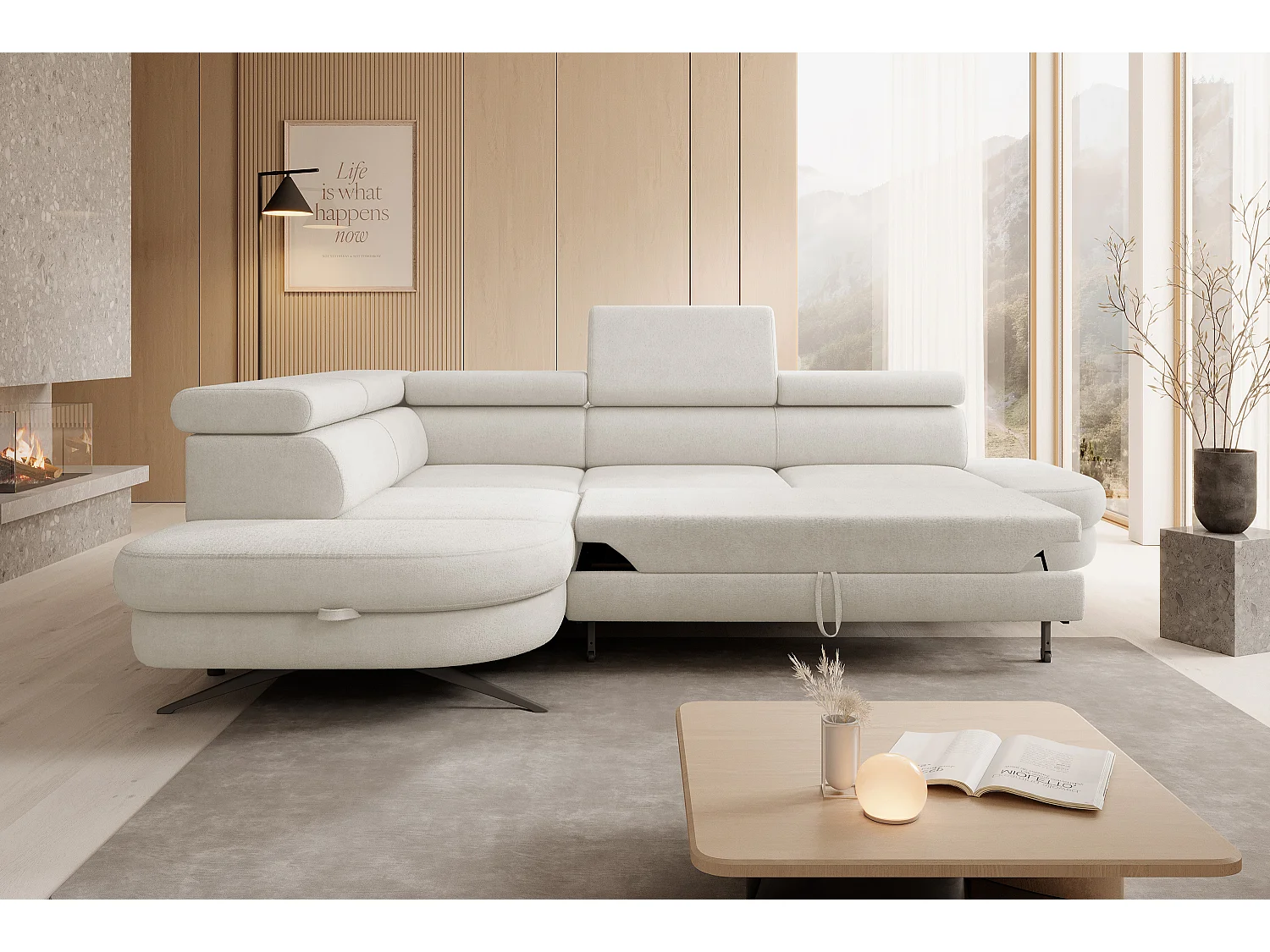 Hoekbank OTIS met slaapfunctie 131x207 cm, verstelbare hoofdsteunen, AURORA, linkeropstelling, 276x218x97 cm, wit