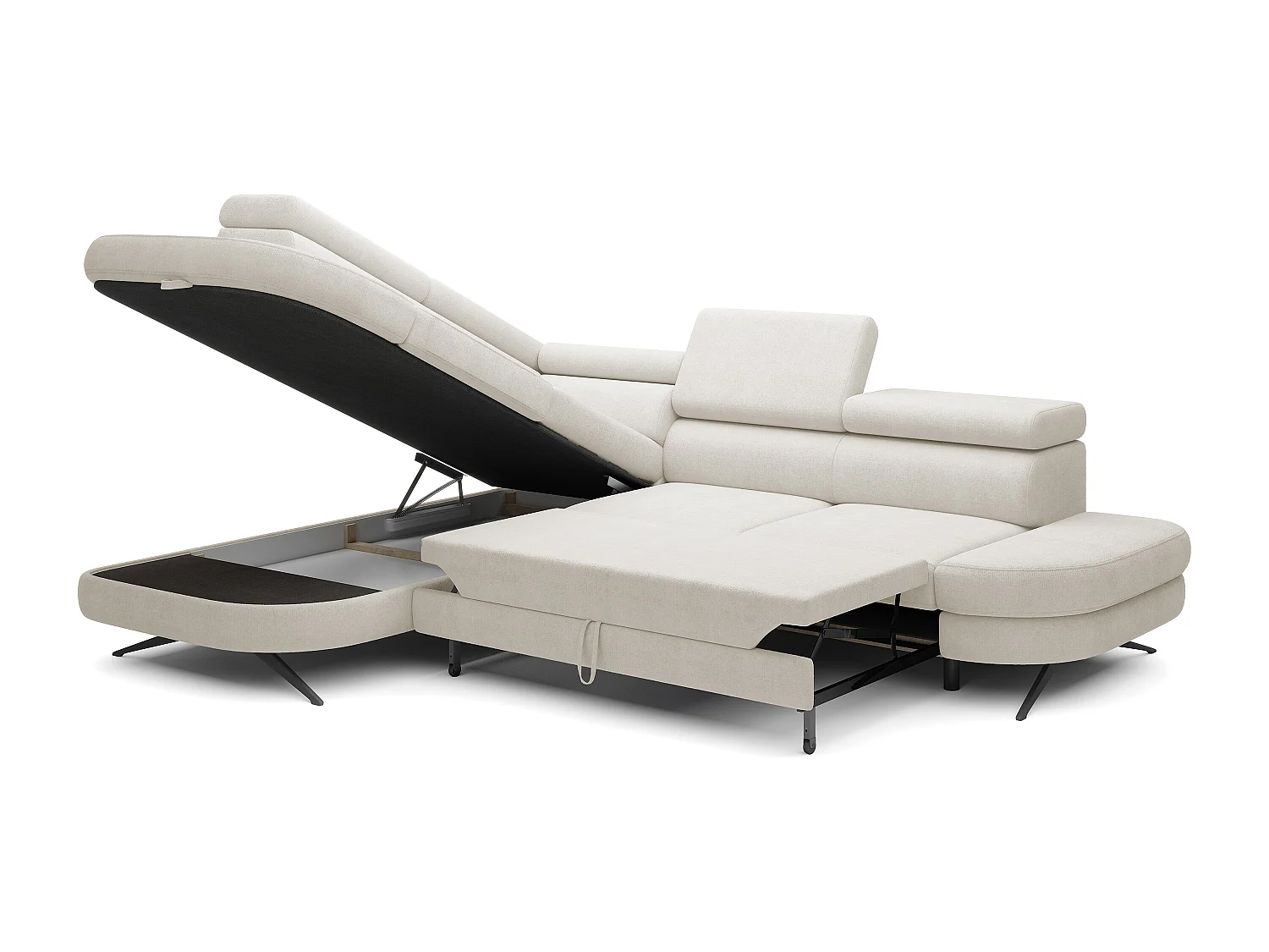 Hoekbank OTIS met slaapfunctie 131x207 cm, verstelbare hoofdsteunen, AURORA, linkeropstelling, 276x218x97 cm, wit