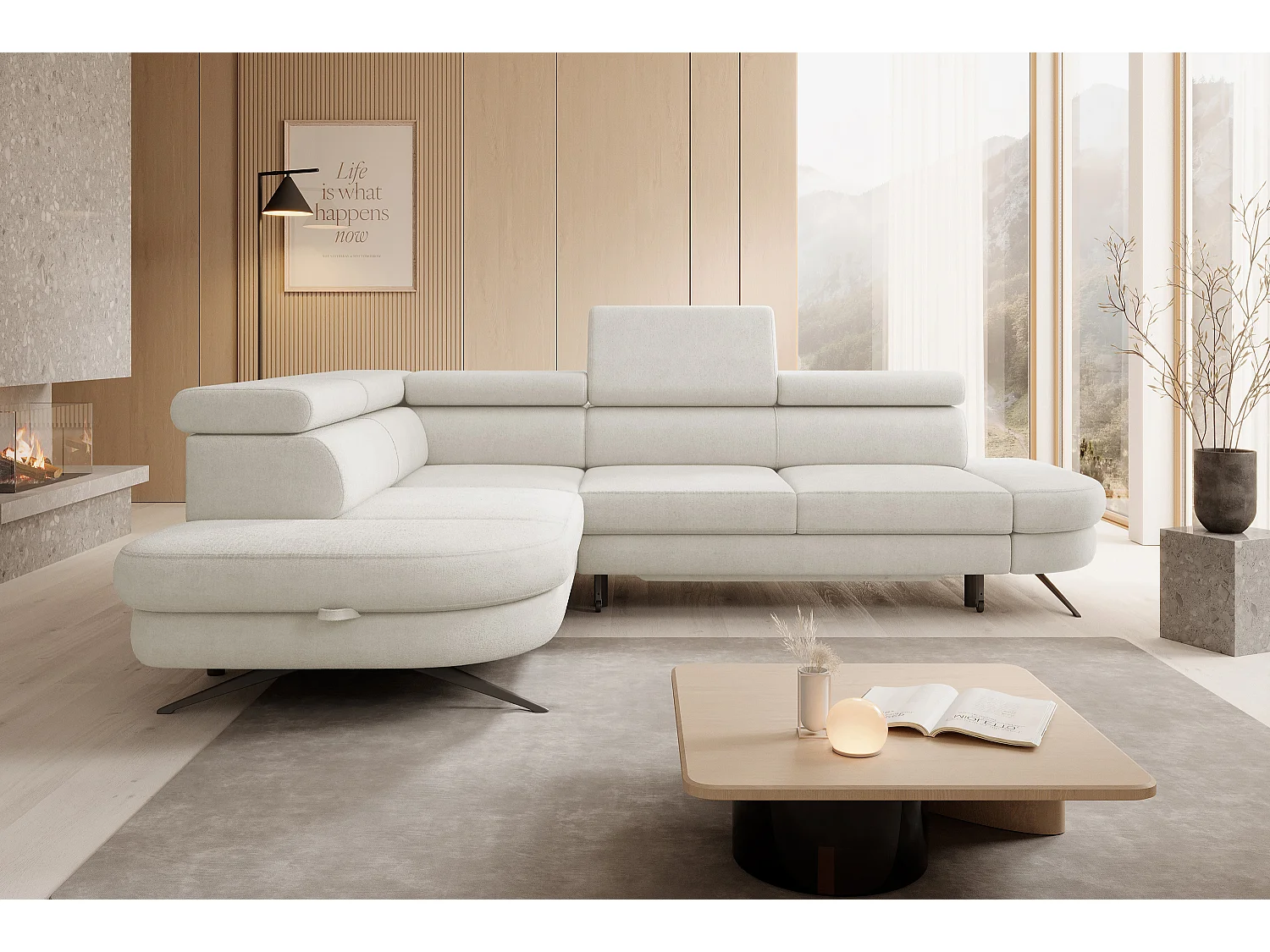 DomoHome canapé d'angle OTIS couchage tête réglable AURORA tissu gauche 131x207cm 276x218x97cm blanc
