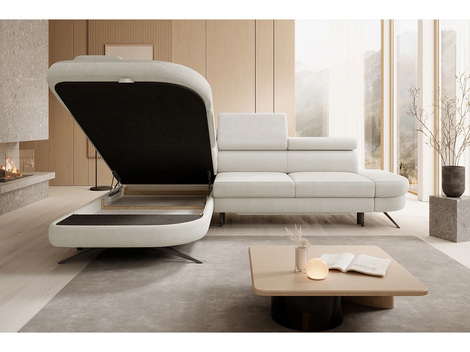 DomoHome canapé d'angle OTIS couchage tête réglable AURORA tissu gauche 131x207cm 276x218x97cm blanc