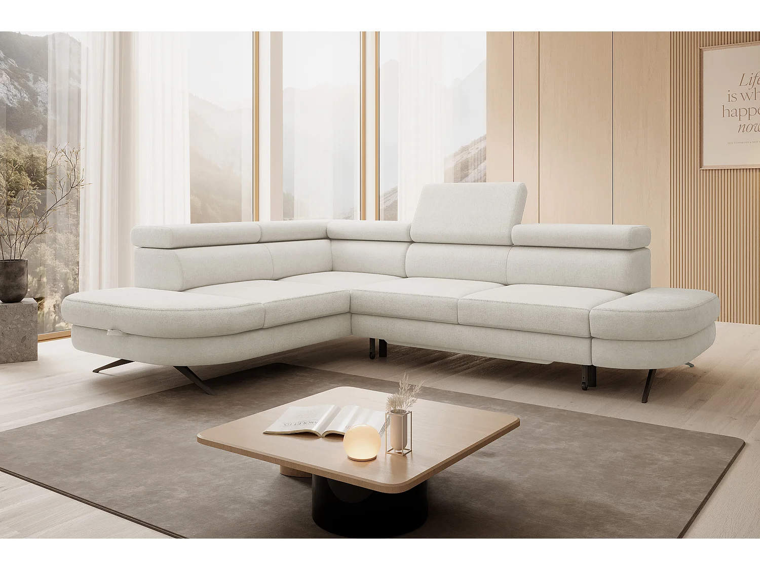 DomoHome canapé d'angle OTIS couchage tête réglable AURORA tissu gauche 131x207cm 276x218x97cm blanc