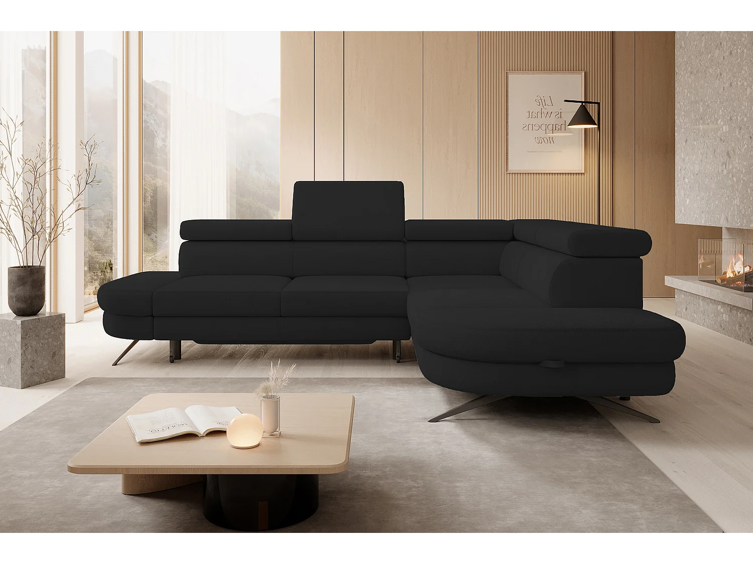 DomoHome canapé d'angle OTIS couchage tête réglable AURORA tissu droite 131x207cm 276x218x97cm noir