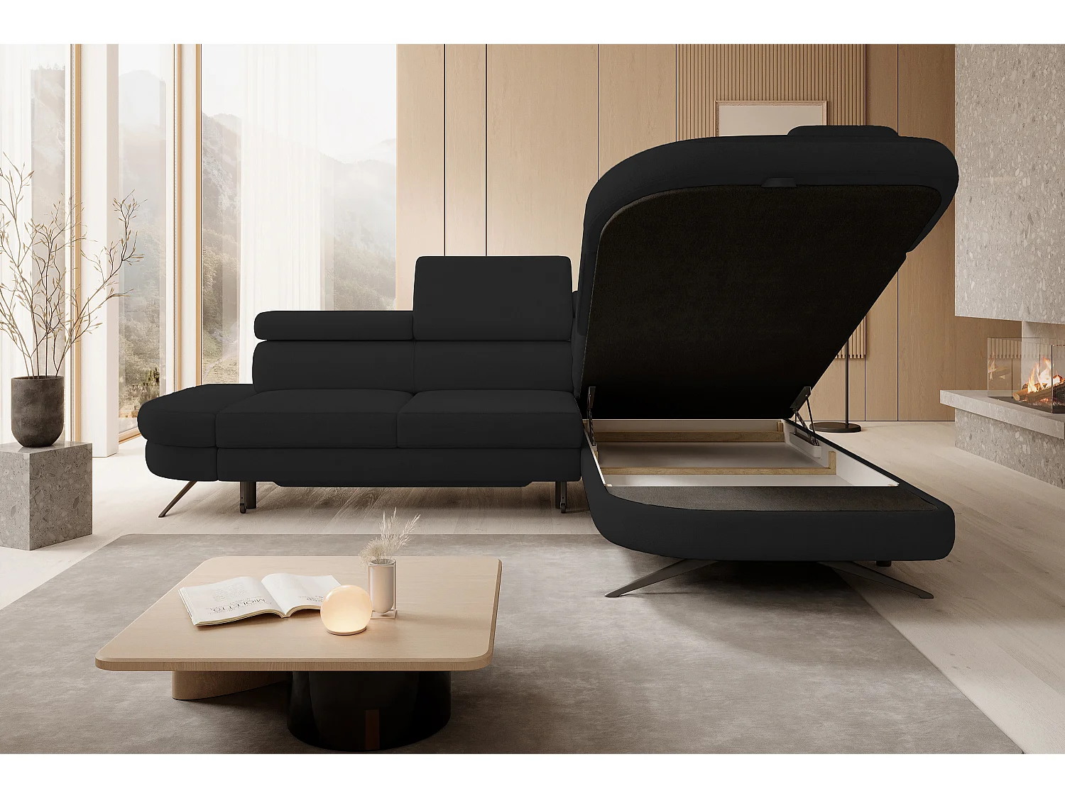 DomoHome canapé d'angle OTIS couchage tête réglable AURORA tissu droite 131x207cm 276x218x97cm noir