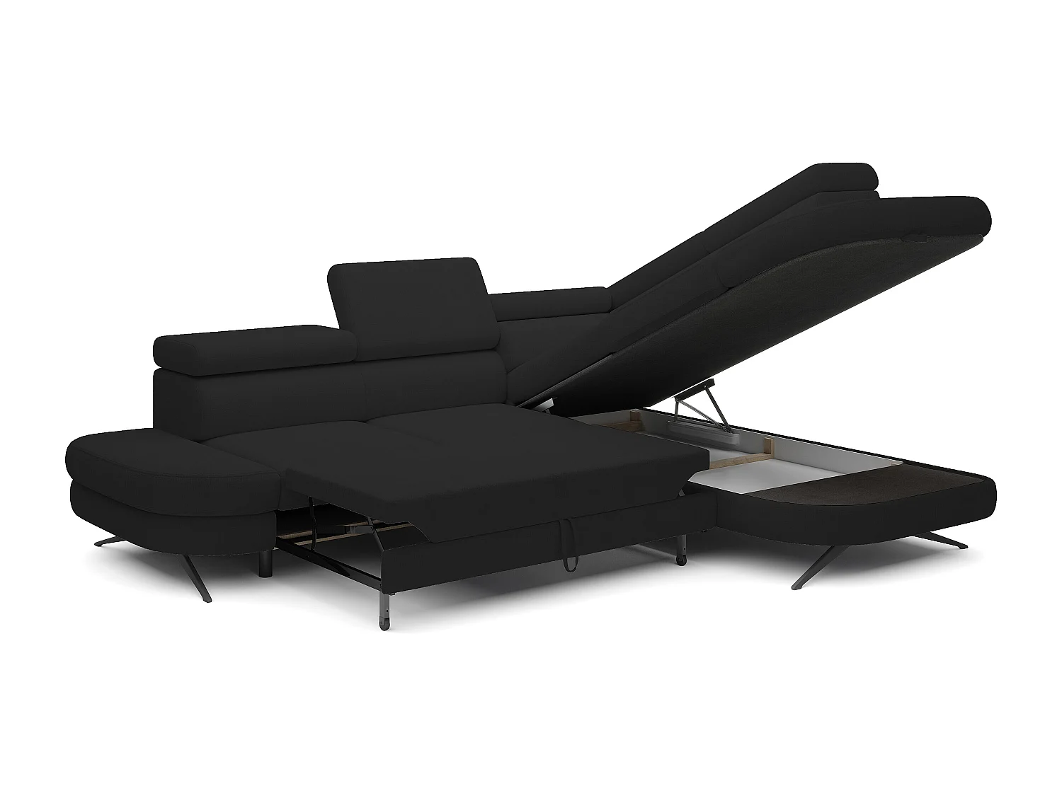 DomoHome canapé d'angle OTIS couchage tête réglable AURORA tissu droite 131x207cm 276x218x97cm noir