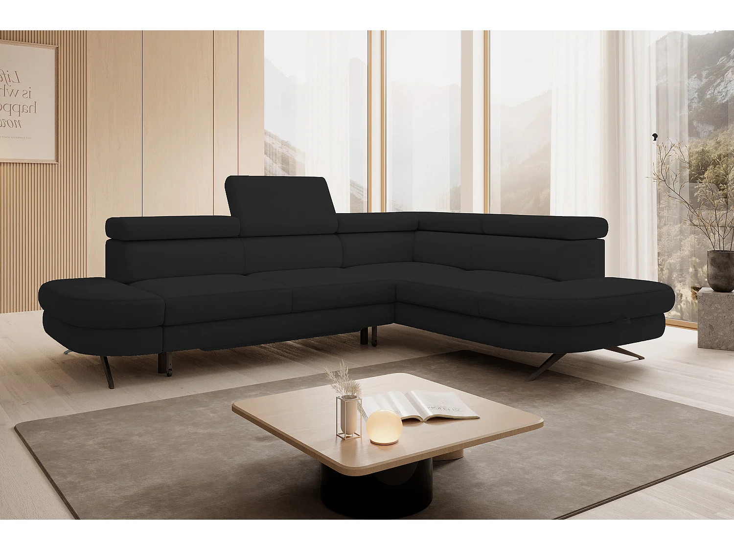 DomoHome canapé d'angle OTIS couchage tête réglable AURORA tissu droite 131x207cm 276x218x97cm noir