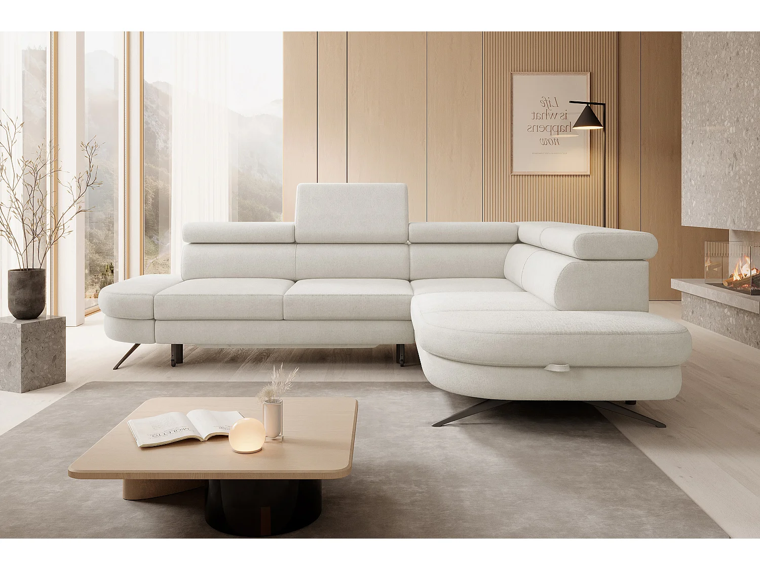 Hoekbank OTIS met slaapfunctie 131x207 cm, verstelbare hoofdsteunen, AURORA, rechteropstelling, 276x218x97 cm, wit