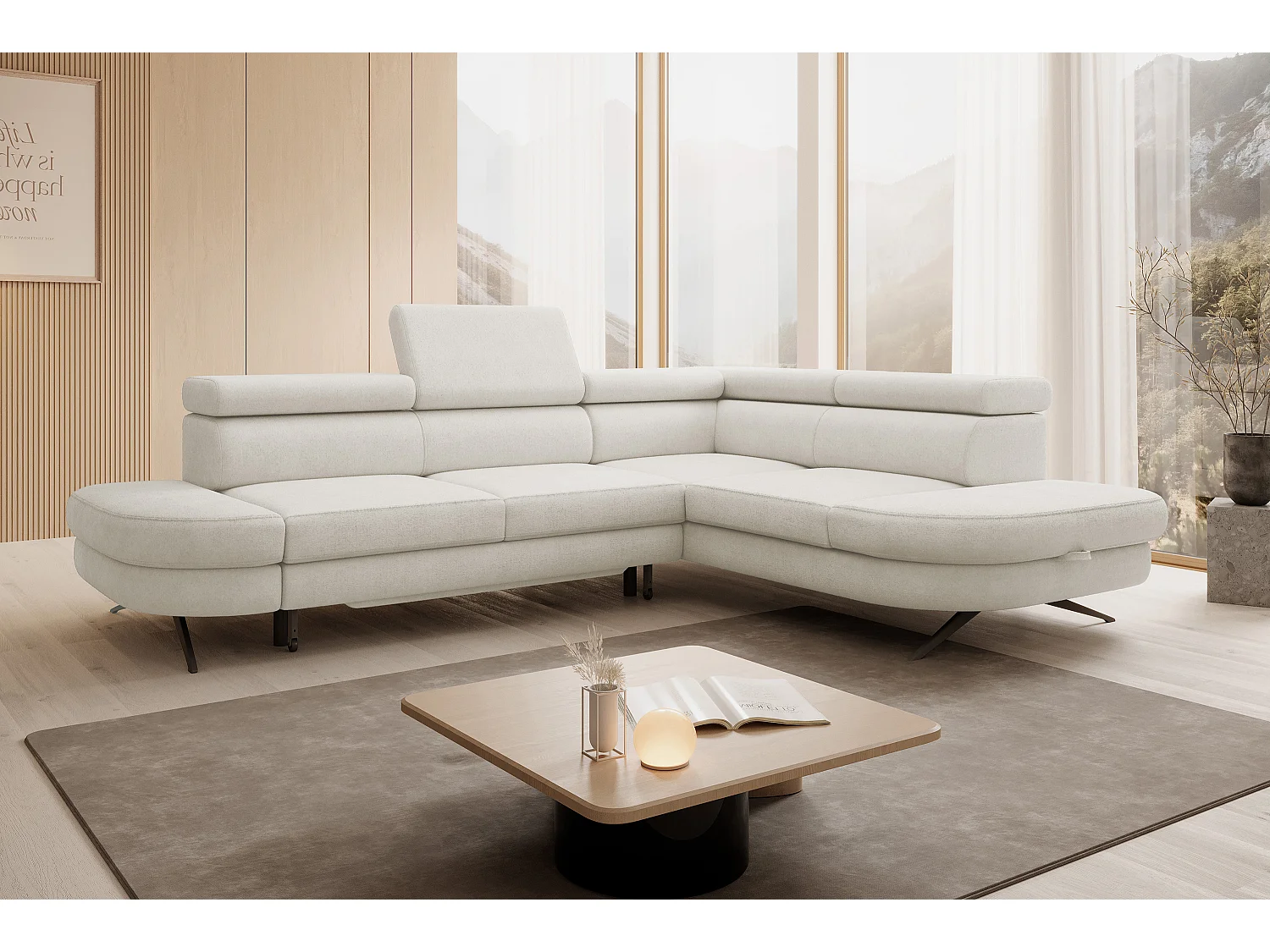 Hoekbank OTIS met slaapfunctie 131x207 cm, verstelbare hoofdsteunen, AURORA, rechteropstelling, 276x218x97 cm, wit