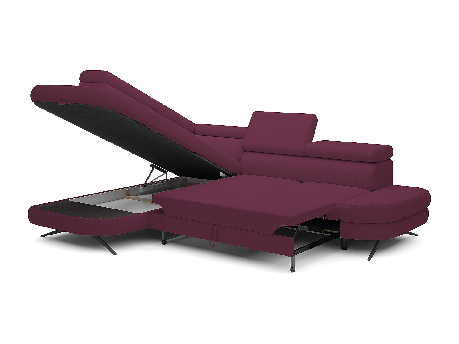 Hoekbank OTIS met slaapfunctie 131x207 cm, verstelbare hoofdsteunen, AURORA, linkeropstelling, 276x218x97 cm, paars