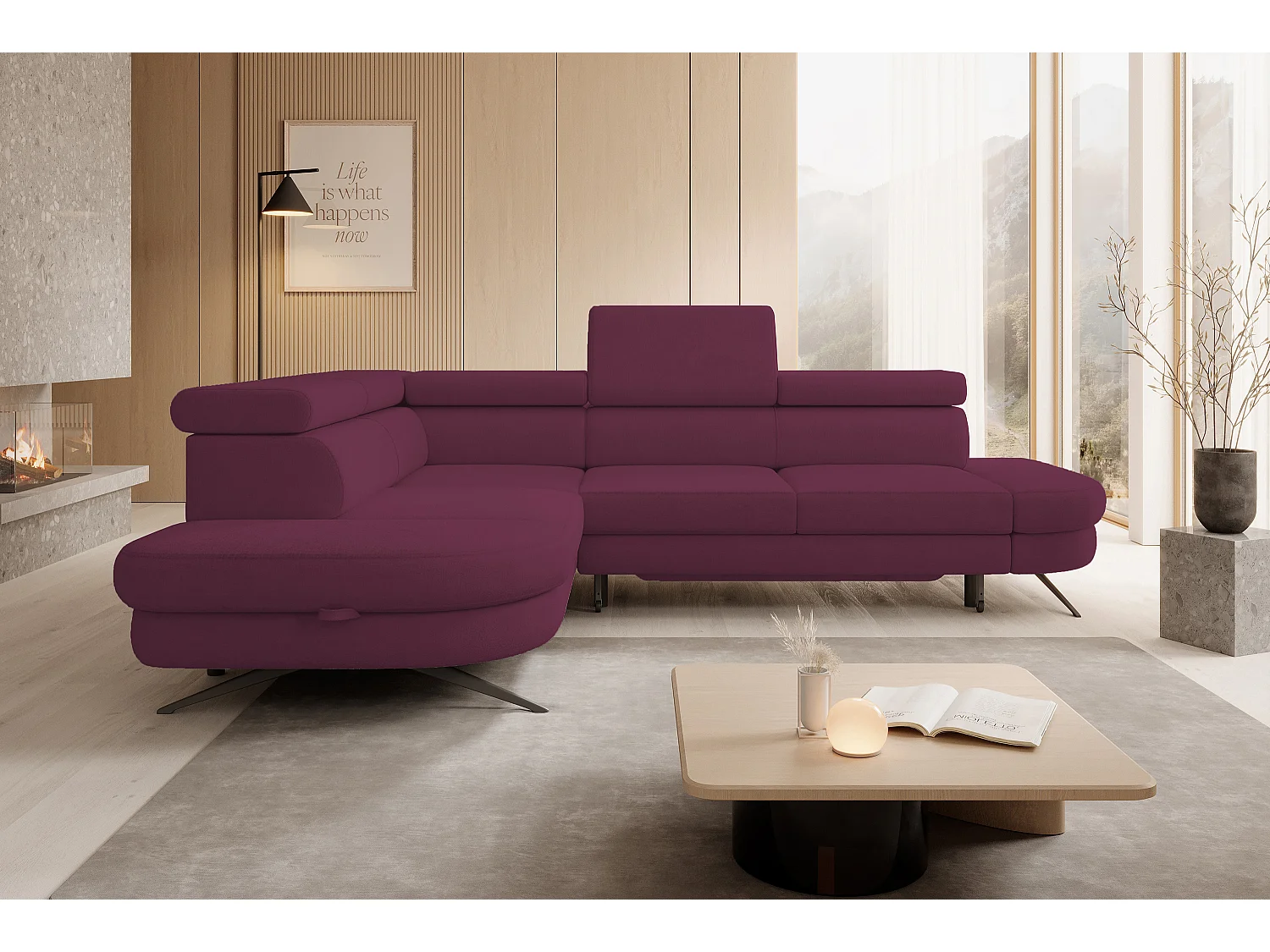DomoHome canapé d'angle OTIS couchage tête réglable AURORA tissu gauche 131x207cm 276x218x97cm violet