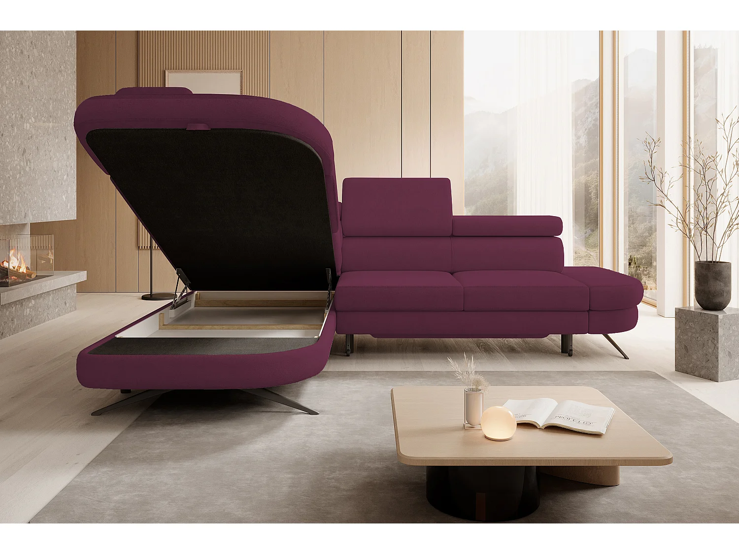 DomoHome canapé d'angle OTIS couchage tête réglable AURORA tissu gauche 131x207cm 276x218x97cm violet