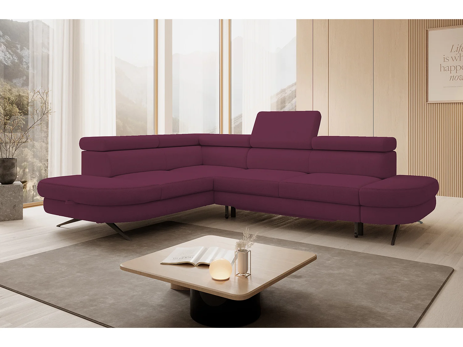 DomoHome canapé d'angle OTIS couchage tête réglable AURORA tissu gauche 131x207cm 276x218x97cm violet