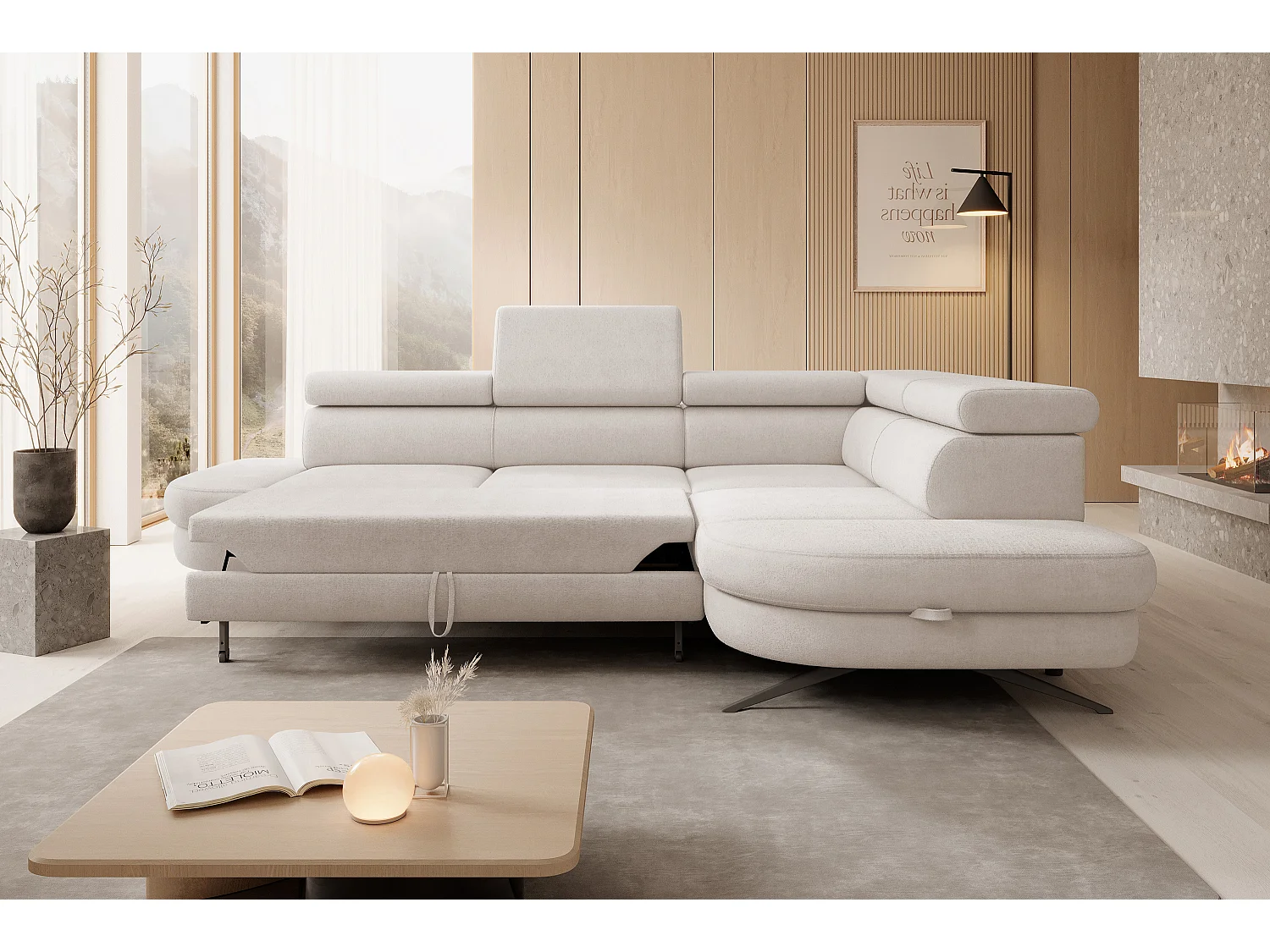 Hoekbank OTIS met slaapfunctie 131x207 cm, verstelbare hoofdsteunen, AURORA, rechteropstelling, 276x218x97 cm, beige