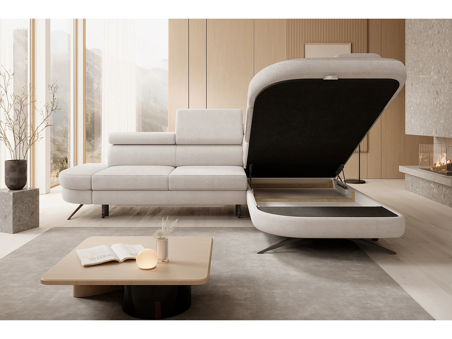 Hoekbank OTIS met slaapfunctie 131x207 cm, verstelbare hoofdsteunen, AURORA, rechteropstelling, 276x218x97 cm, beige