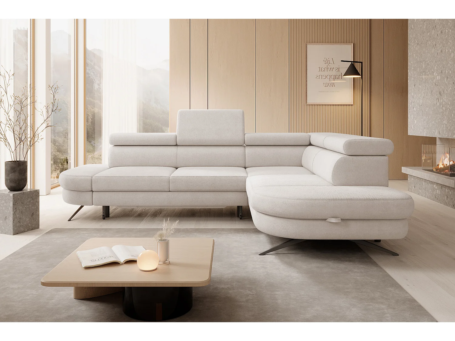 DomoHome canapé d'angle OTIS couchage tête réglable AURORA tissu droite 131x207cm 276x218x97cm beige