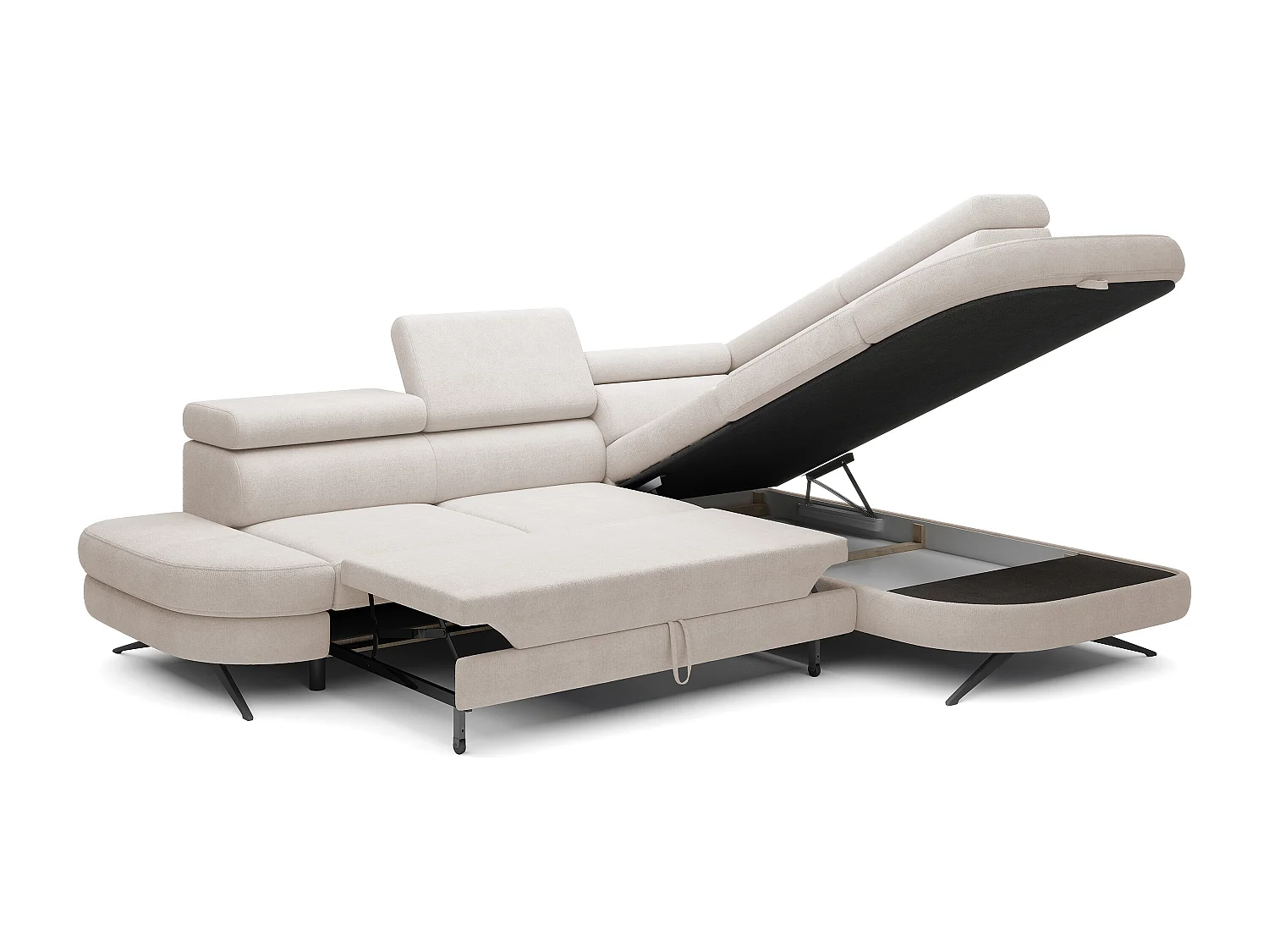 DomoHome canapé d'angle OTIS couchage tête réglable AURORA tissu droite 131x207cm 276x218x97cm beige