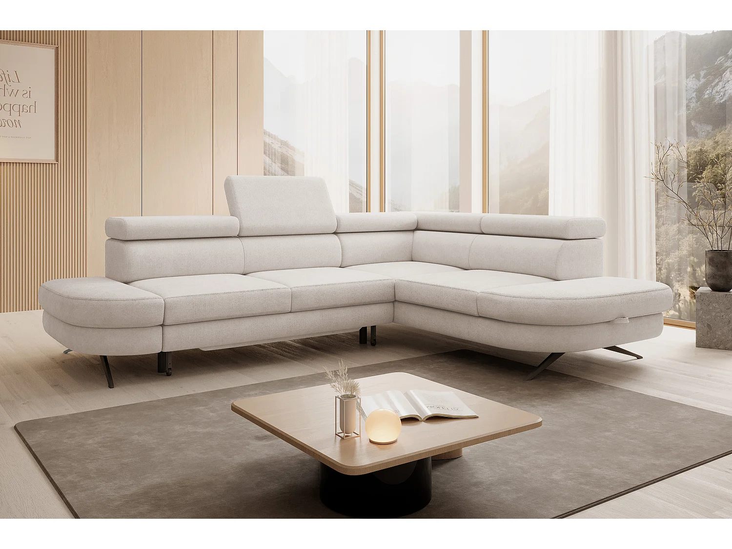 DomoHome canapé d'angle OTIS couchage tête réglable AURORA tissu droite 131x207cm 276x218x97cm beige