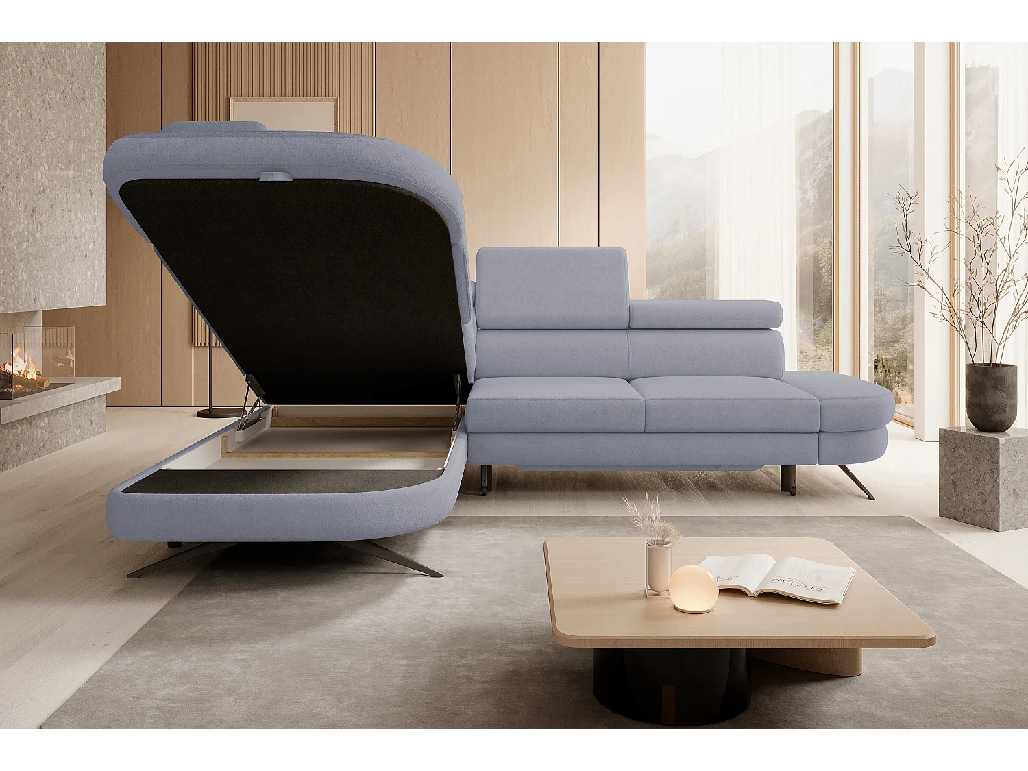 Hoekbank OTIS met slaapfunctie 131x207 cm, verstelbare hoofdsteunen, AURORA, linkeropstelling, 276x218x97 cm, lichtgrijs