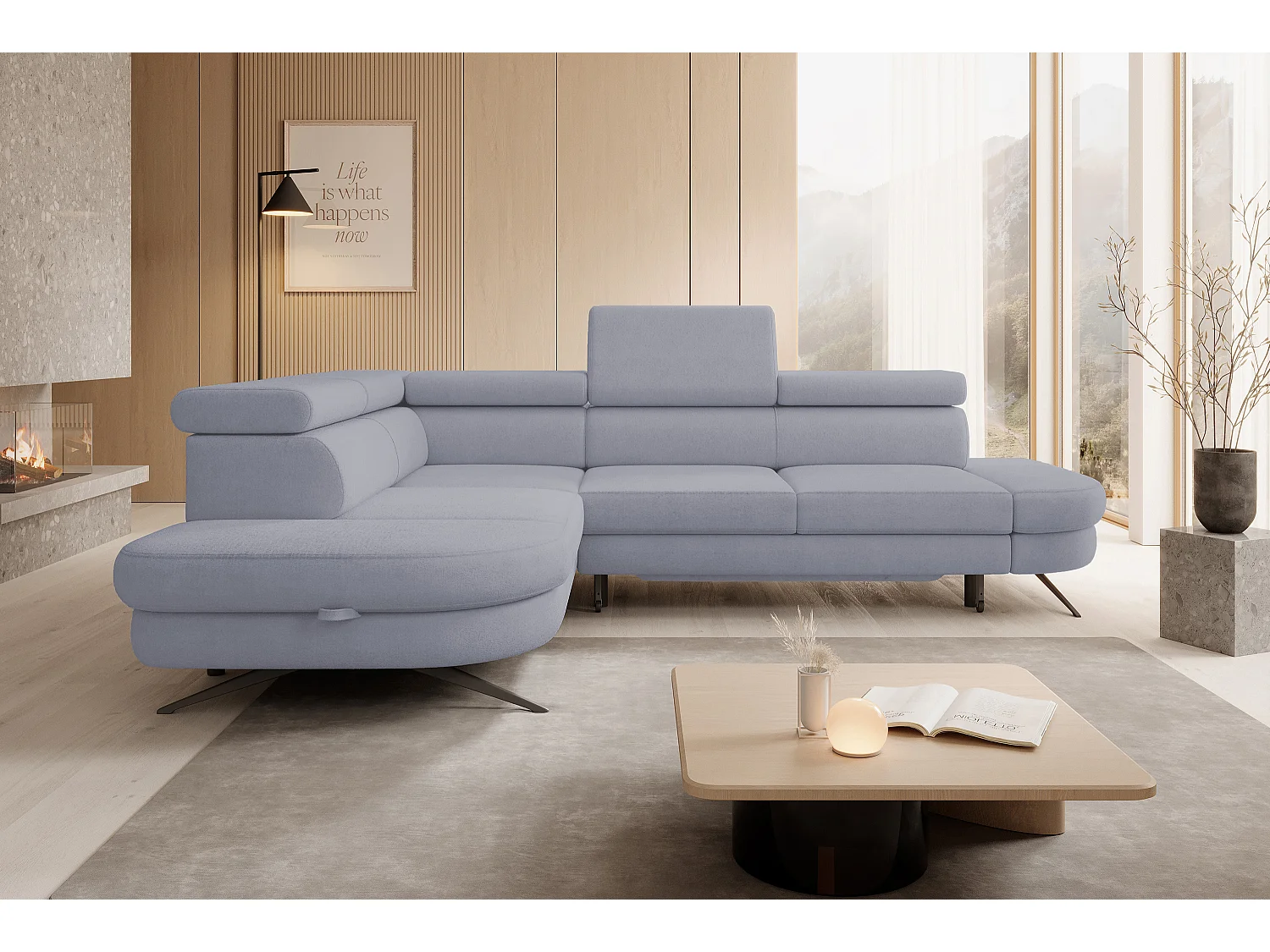 DomoHome canapé d'angle OTIS couchage tête réglable AURORA tissu gauche 131x207cm 276x218x97cm gris clair