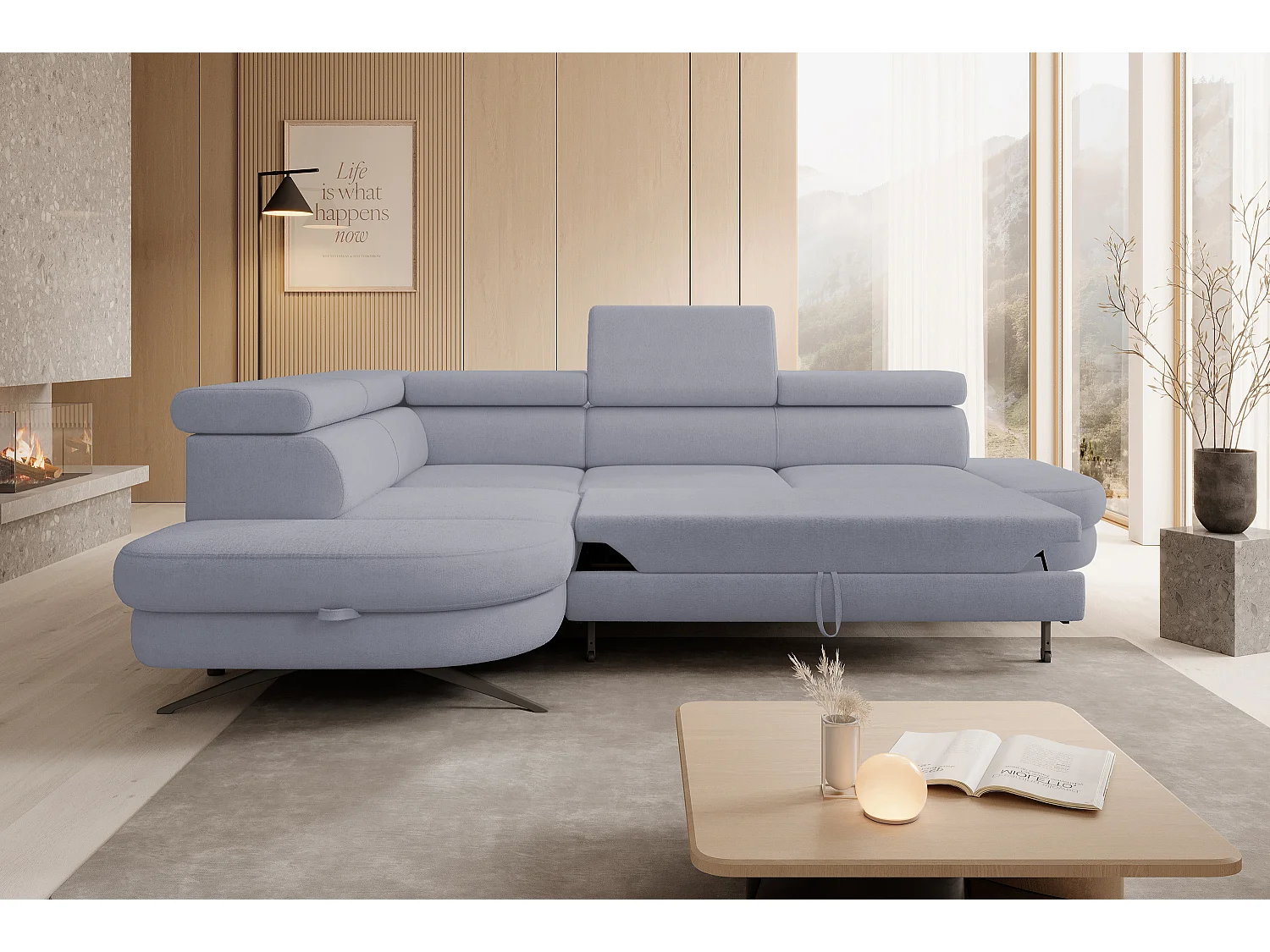 DomoHome canapé d'angle OTIS couchage tête réglable AURORA tissu gauche 131x207cm 276x218x97cm gris clair