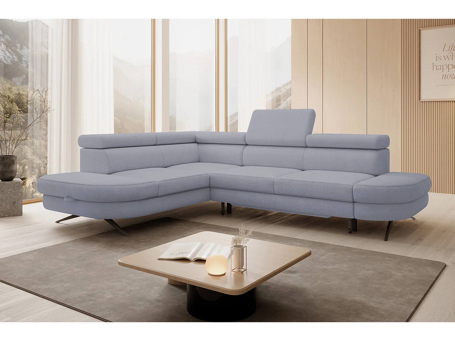 DomoHome canapé d'angle OTIS couchage tête réglable AURORA tissu gauche 131x207cm 276x218x97cm gris clair