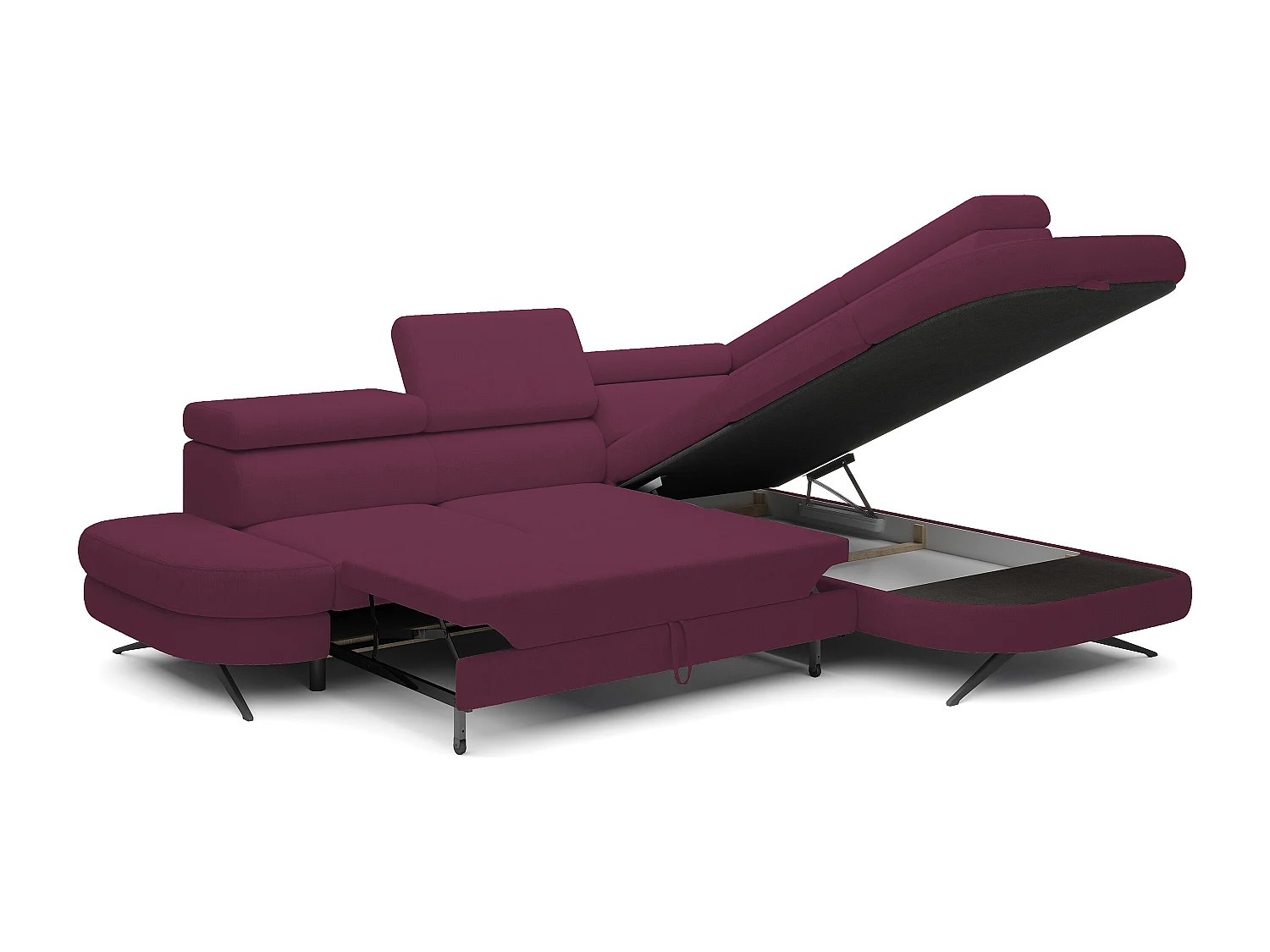 Hoekbank OTIS met slaapfunctie 131x207 cm, verstelbare hoofdsteunen, AURORA, rechteropstelling, 276x218x97 cm, paars