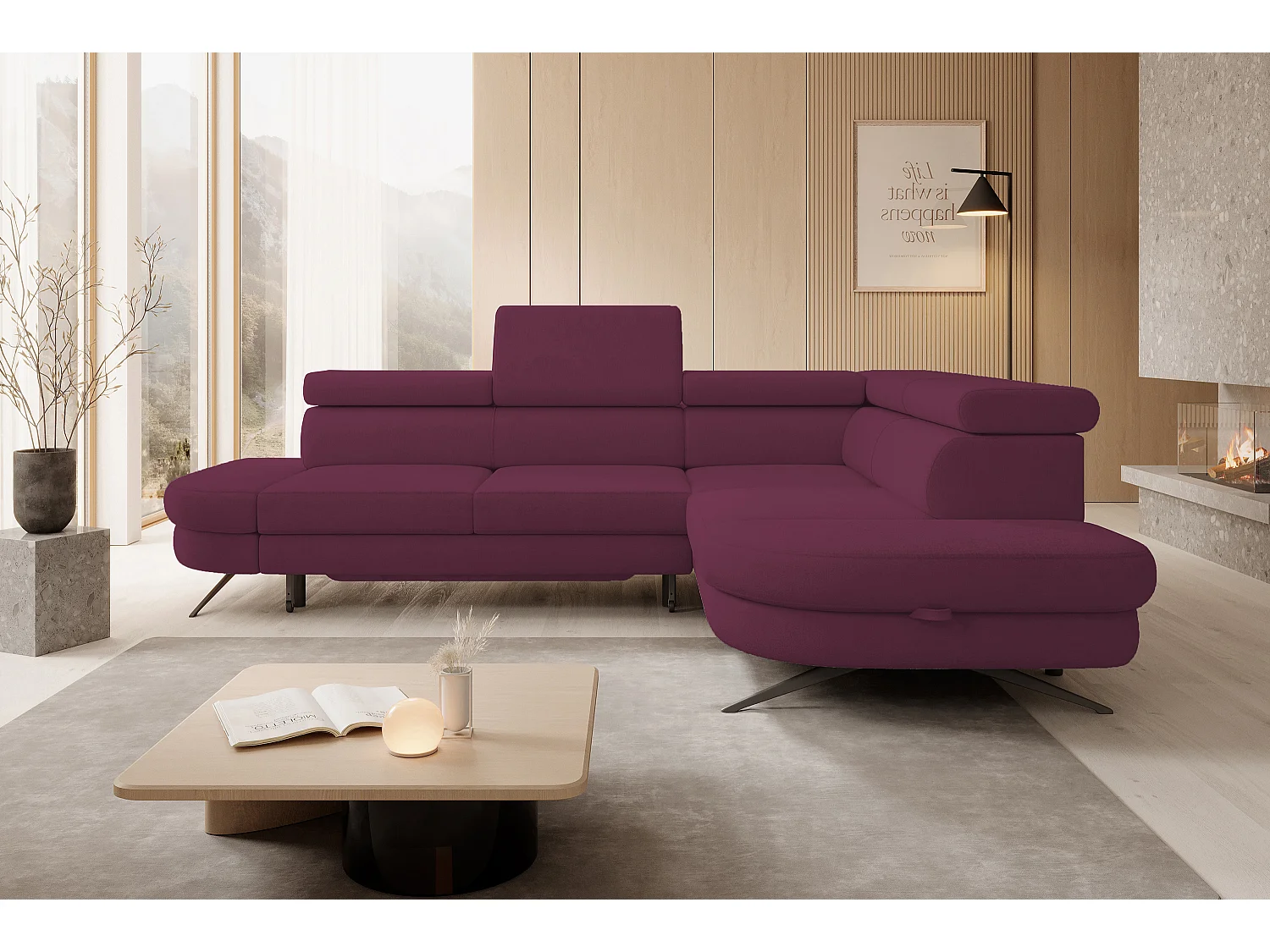 DomoHome canapé d'angle OTIS couchage tête réglable AURORA tissu droite 131x207cm 276x218x97cm violet