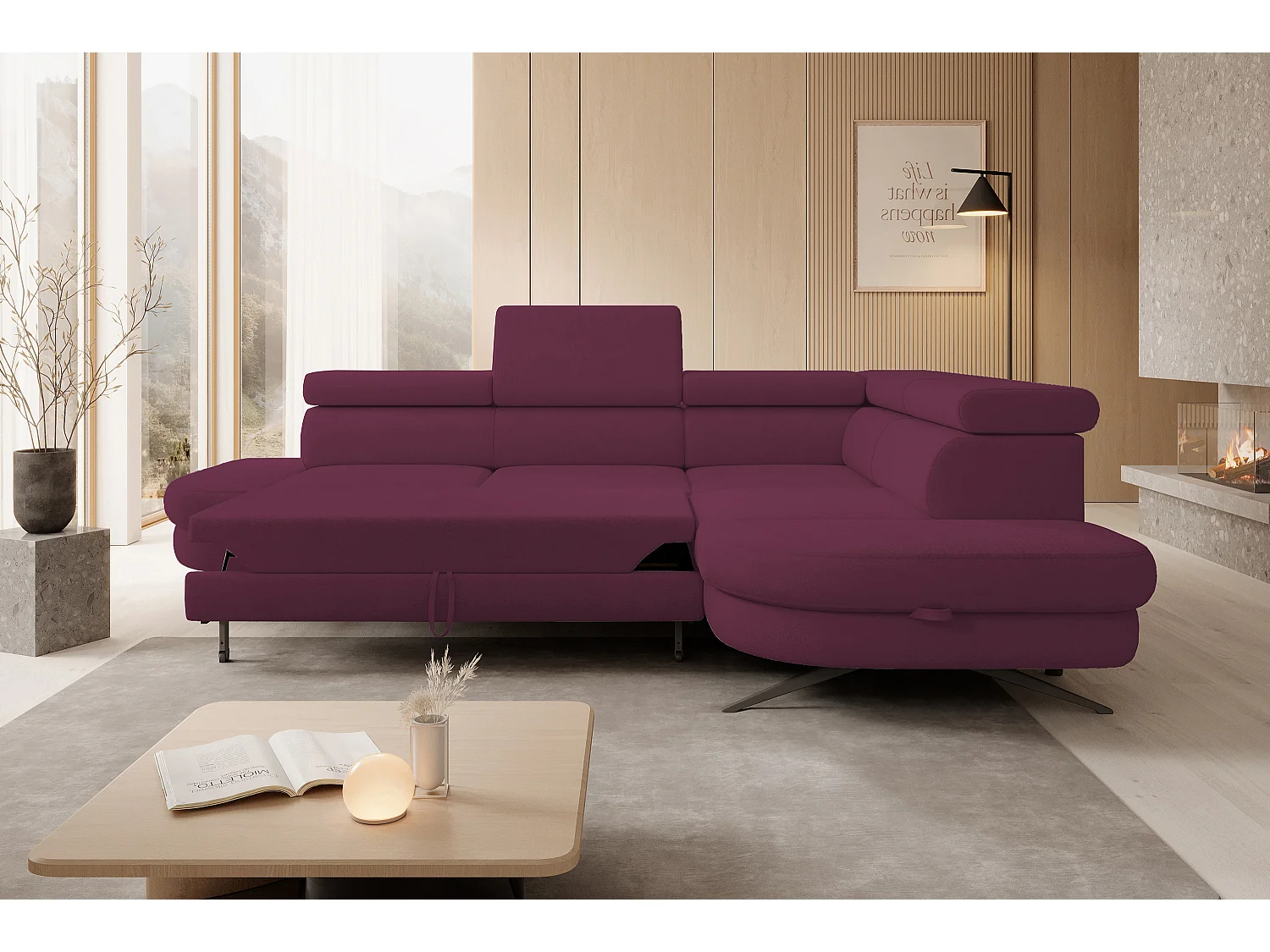 DomoHome canapé d'angle OTIS couchage tête réglable AURORA tissu droite 131x207cm 276x218x97cm violet