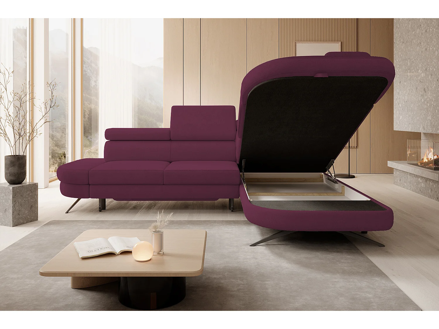 DomoHome canapé d'angle OTIS couchage tête réglable AURORA tissu droite 131x207cm 276x218x97cm violet
