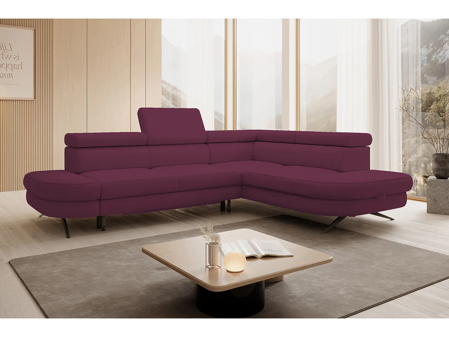 DomoHome canapé d'angle OTIS couchage tête réglable AURORA tissu droite 131x207cm 276x218x97cm violet