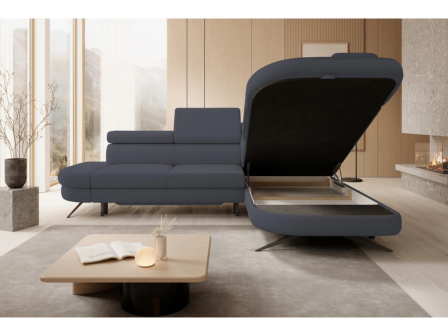 Hoekbank OTIS met slaapfunctie 131x207 cm, verstelbare hoofdsteunen, AURORA, rechteropstelling, 276x218x97 cm, donkergrijs