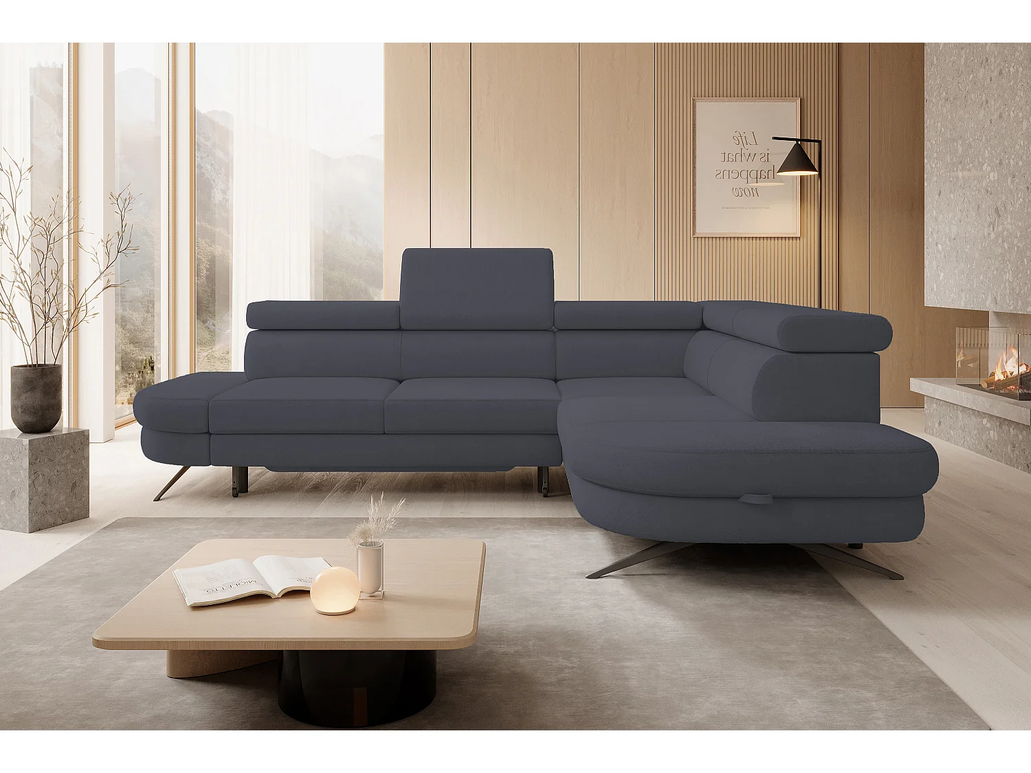 DomoHome canapé d'angle OTIS couchage tête réglable AURORA tissu droite 131x207cm 276x218x97cm gris foncé