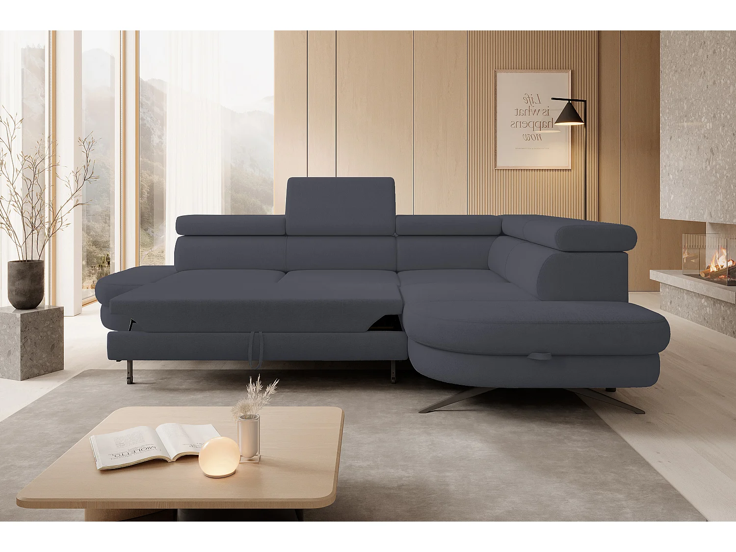 DomoHome canapé d'angle OTIS couchage tête réglable AURORA tissu droite 131x207cm 276x218x97cm gris foncé