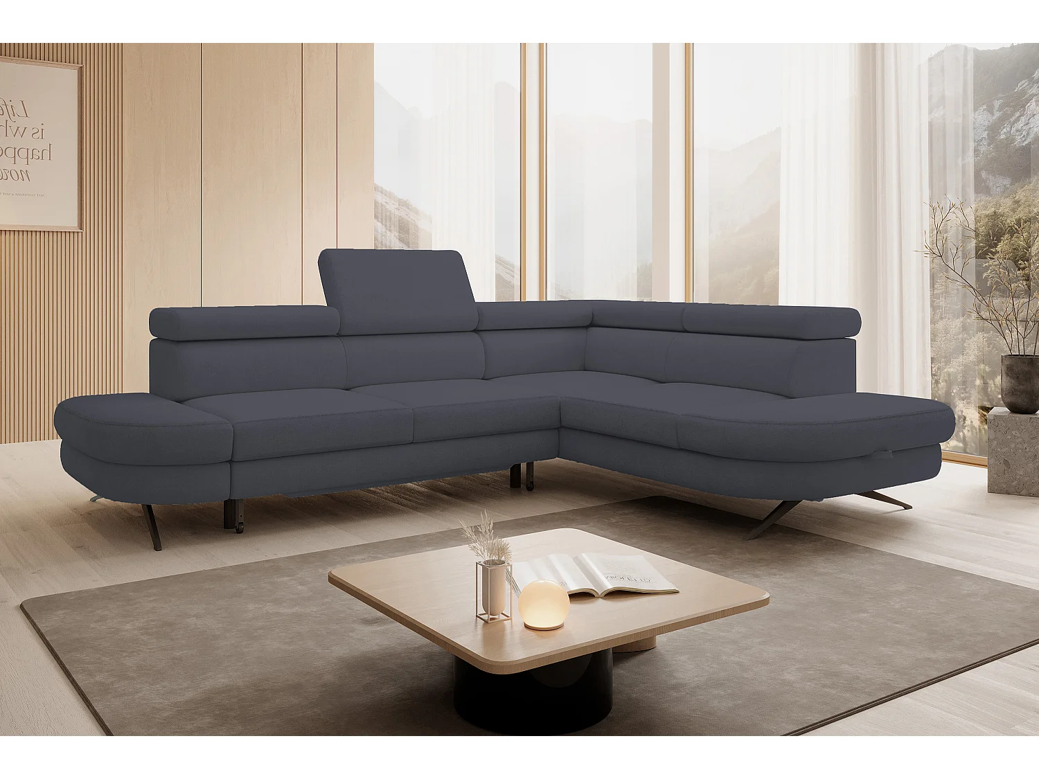 DomoHome canapé d'angle OTIS couchage tête réglable AURORA tissu droite 131x207cm 276x218x97cm gris foncé