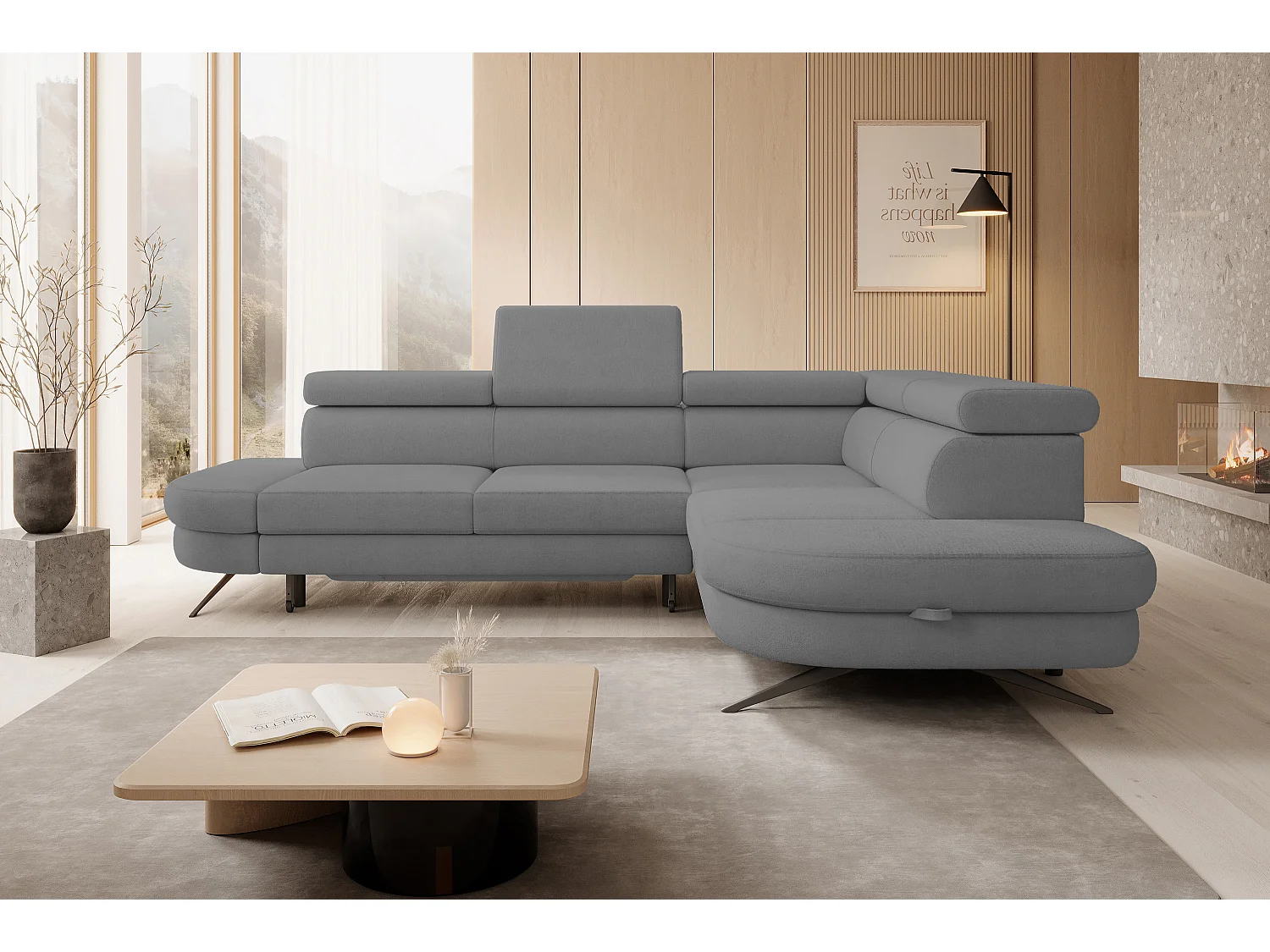 Hoekbank OTIS met slaapfunctie 131x207 cm, verstelbare hoofdsteunen, AURORA, rechteropstelling, 276x218x97 cm, grijs