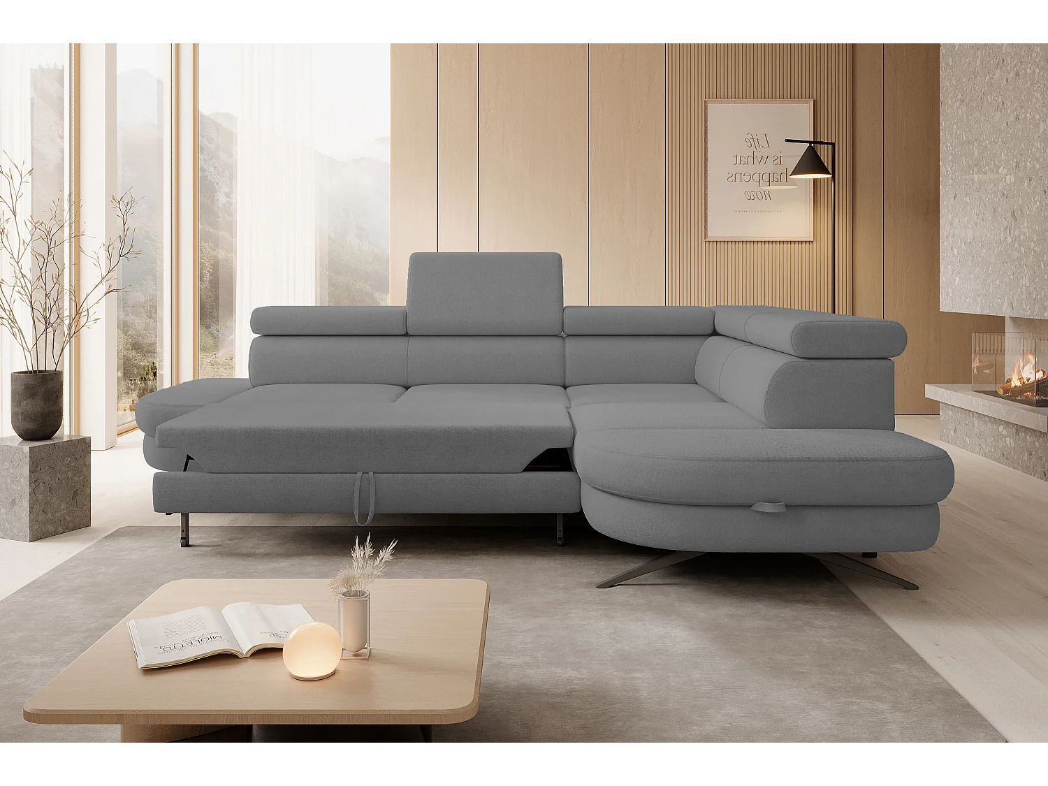 Hoekbank OTIS met slaapfunctie 131x207 cm, verstelbare hoofdsteunen, AURORA, rechteropstelling, 276x218x97 cm, grijs