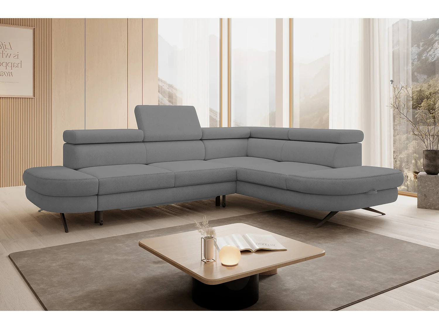 Hoekbank OTIS met slaapfunctie 131x207 cm, verstelbare hoofdsteunen, AURORA, rechteropstelling, 276x218x97 cm, grijs