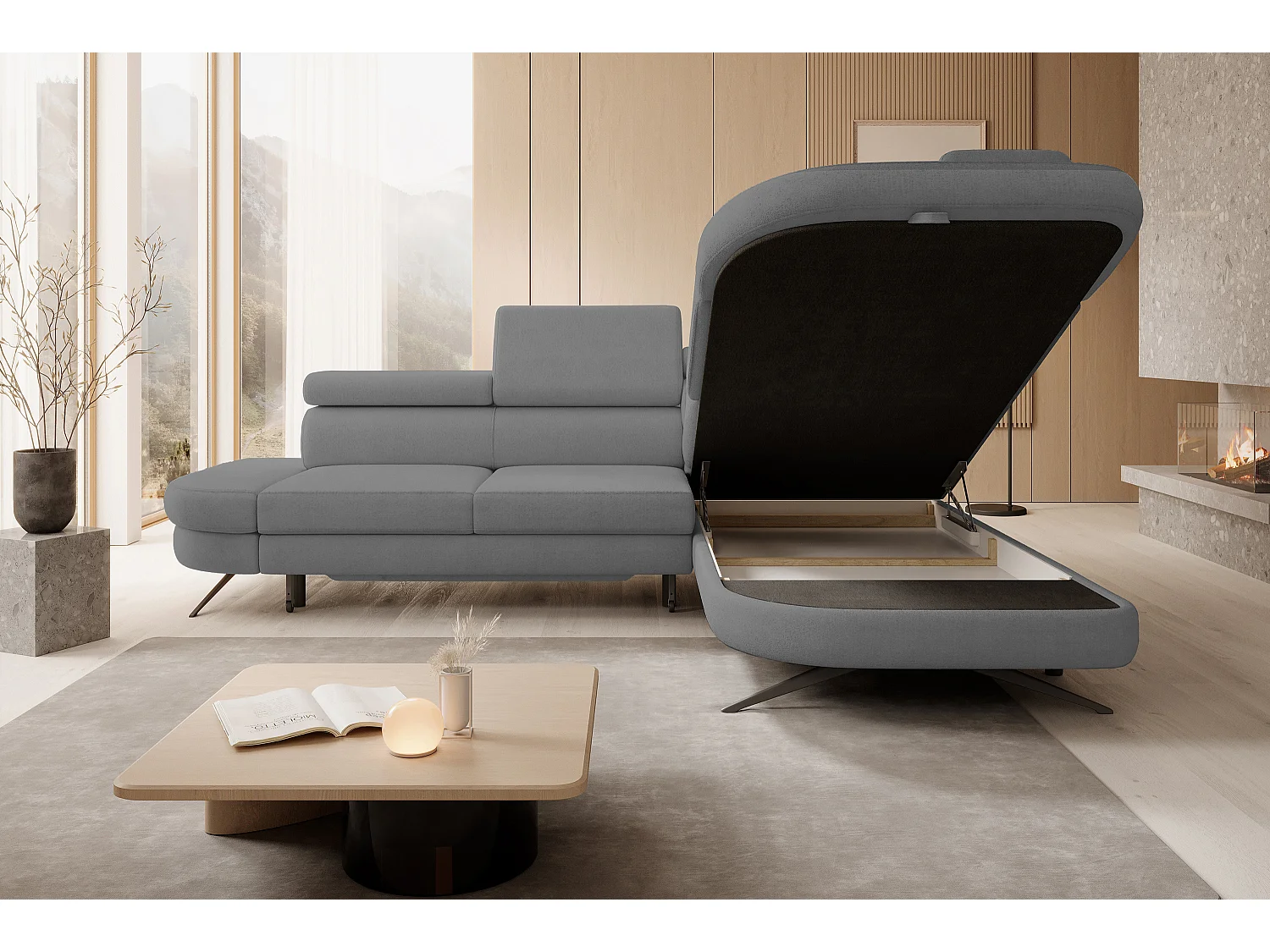 DomoHome canapé d'angle OTIS couchage tête réglable AURORA tissu droite 131x207cm 276x218x97cm gris