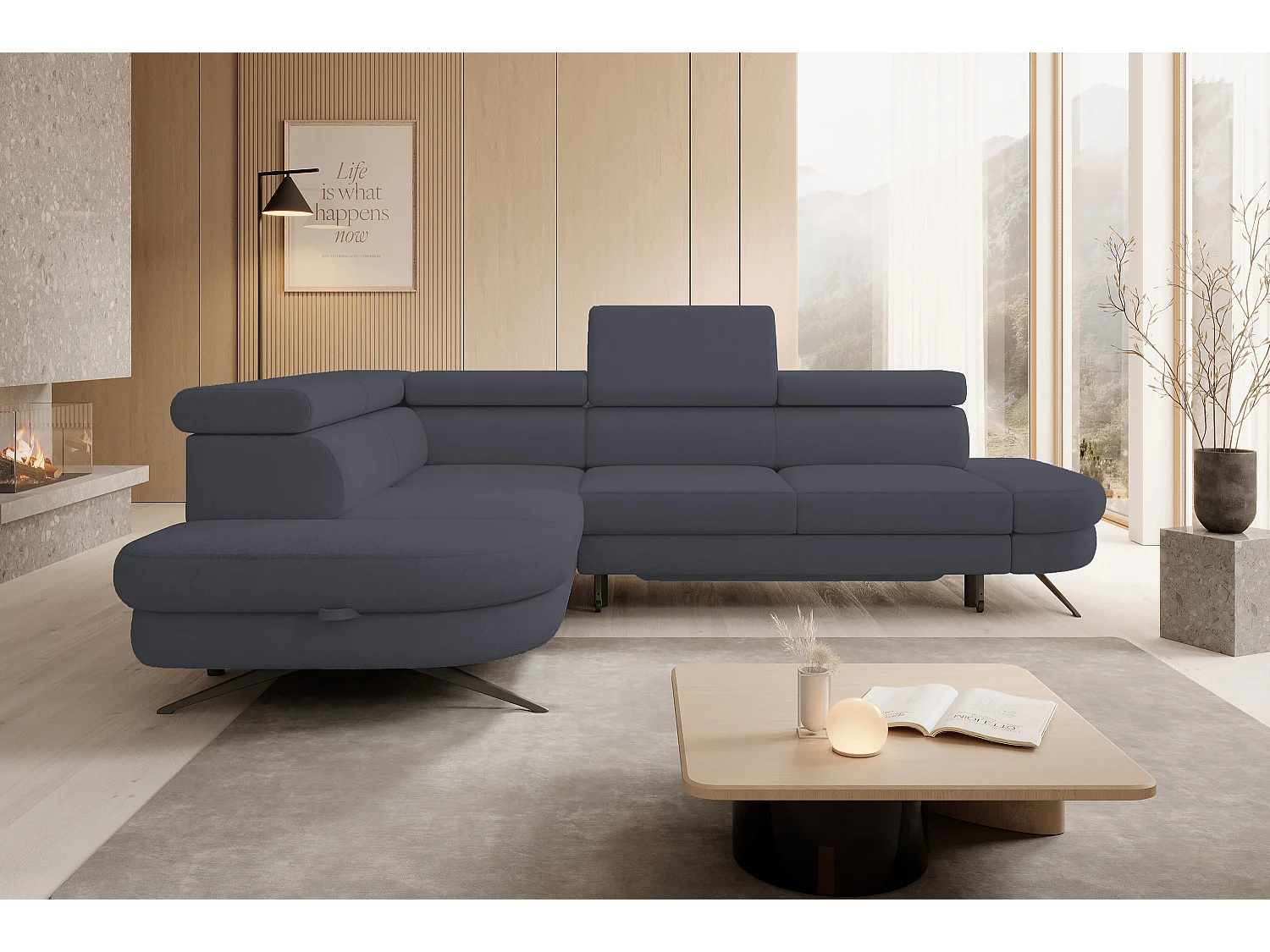 Ecksofa OTIS mit Schlaffunktion 131x207 cm, verstellbare Kopfstützen, AURORA links, 276x218x97 cm, Farbe Dunkelgrau