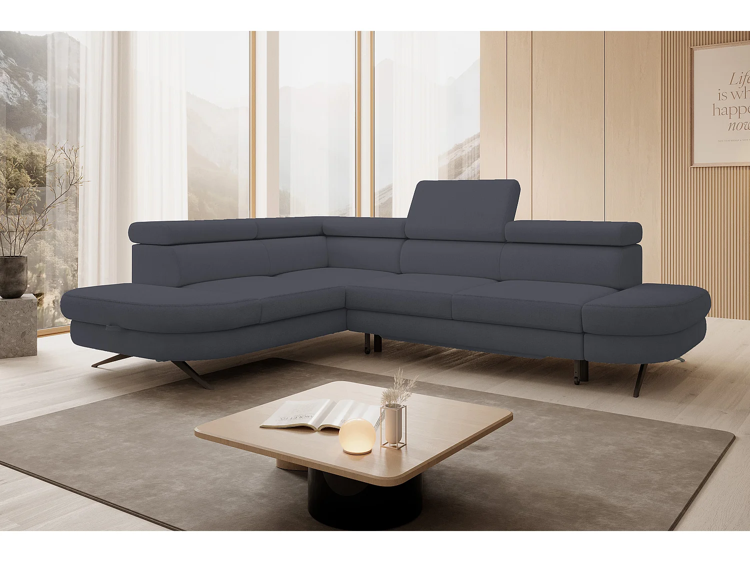Ecksofa OTIS mit Schlaffunktion 131x207 cm, verstellbare Kopfstützen, AURORA links, 276x218x97 cm, Farbe Dunkelgrau