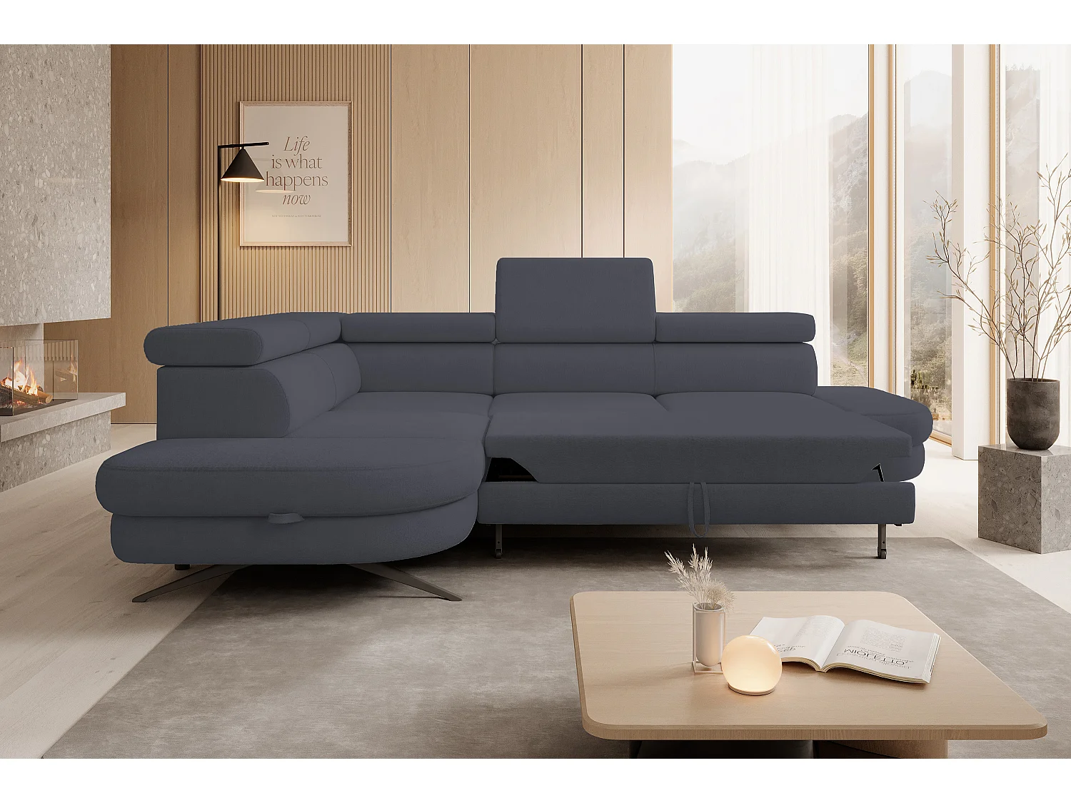 DomoHome canapé d'angle OTIS couchage tête réglable AURORA tissu gauche 131x207cm 276x218x97cm gris foncé