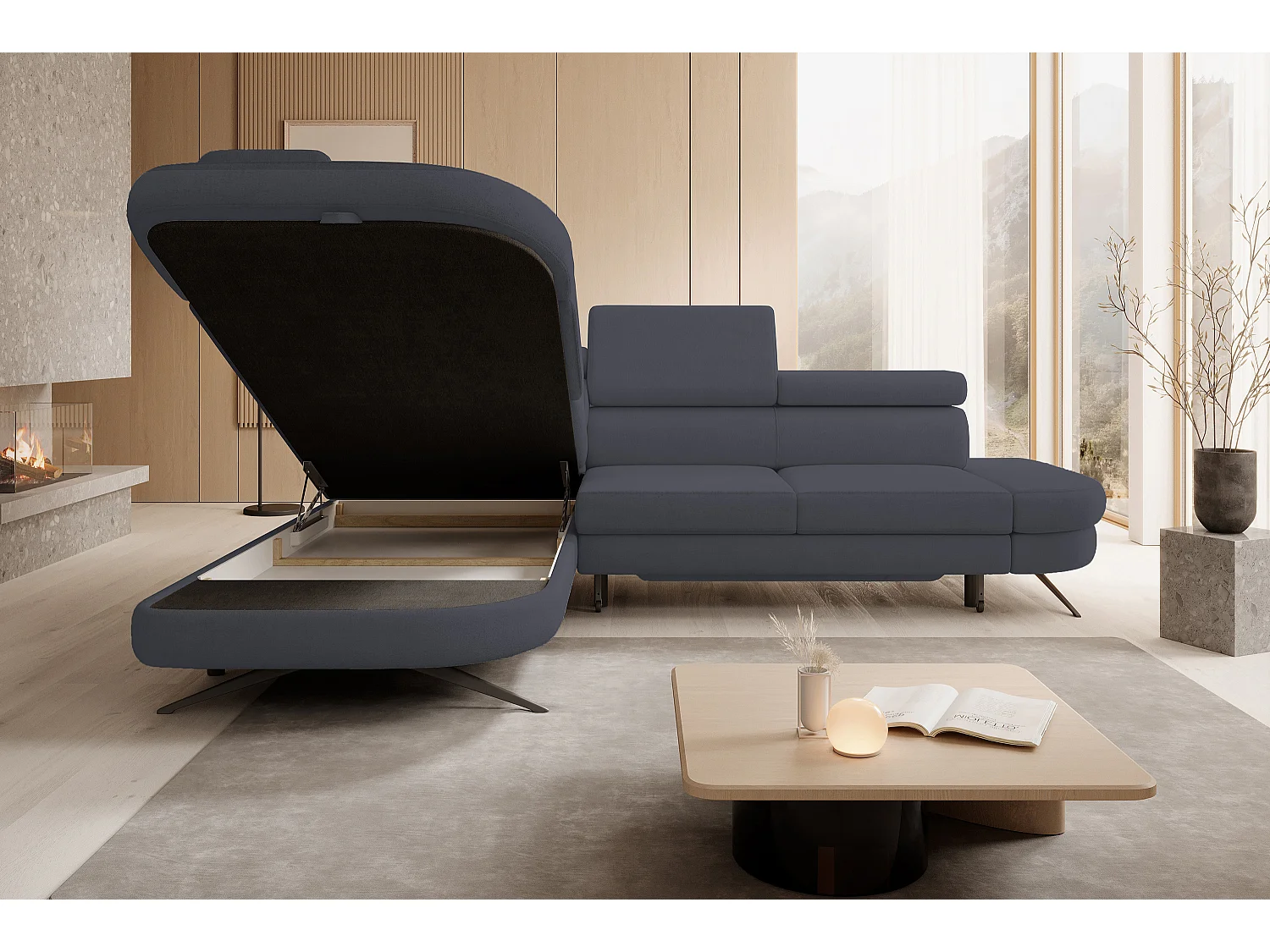 DomoHome canapé d'angle OTIS couchage tête réglable AURORA tissu gauche 131x207cm 276x218x97cm gris foncé