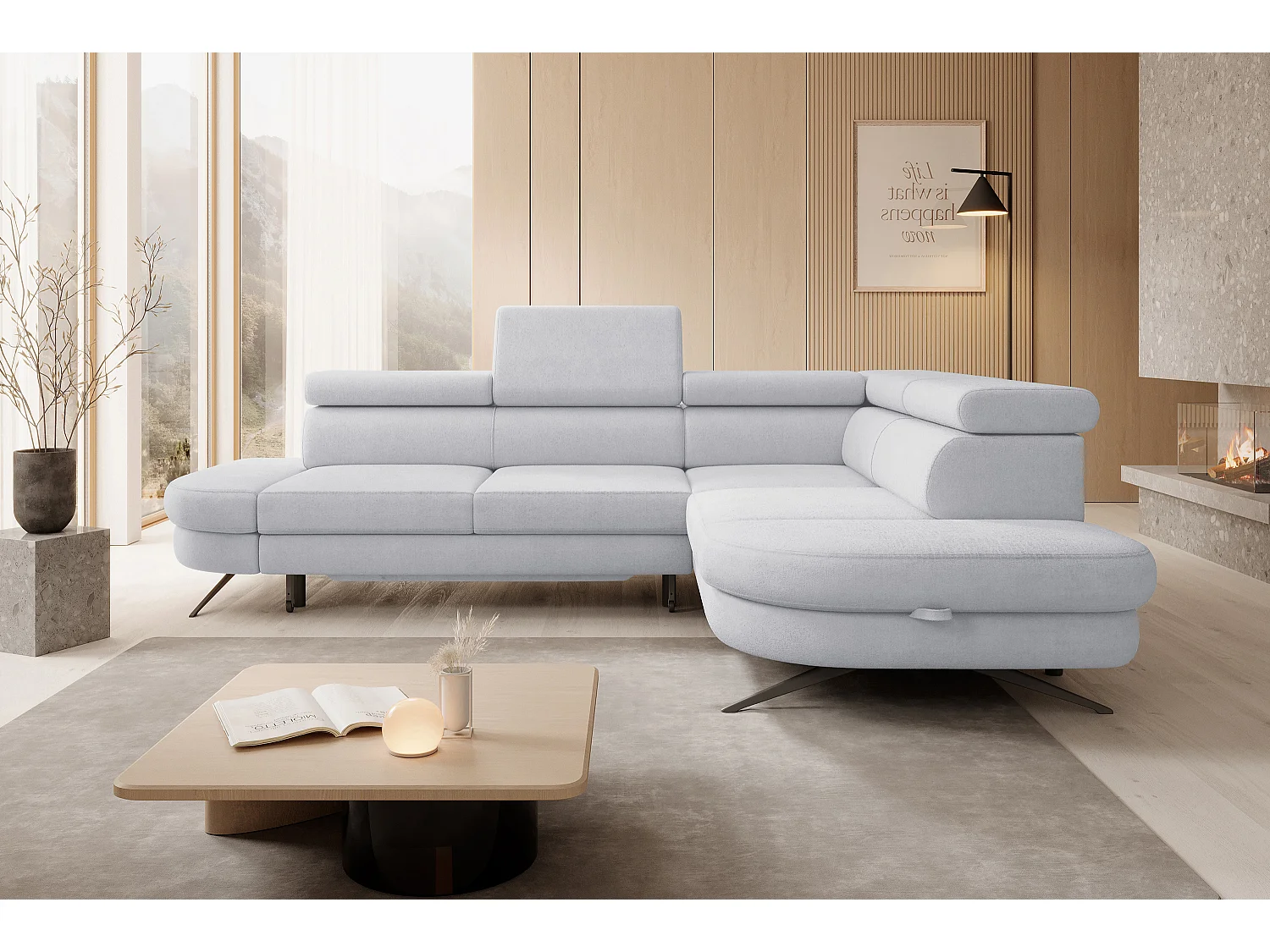 DomoHome canapé d'angle OTIS couchage tête réglable AURORA tissu droite 131x207cm 276x218x97cm gris cendré