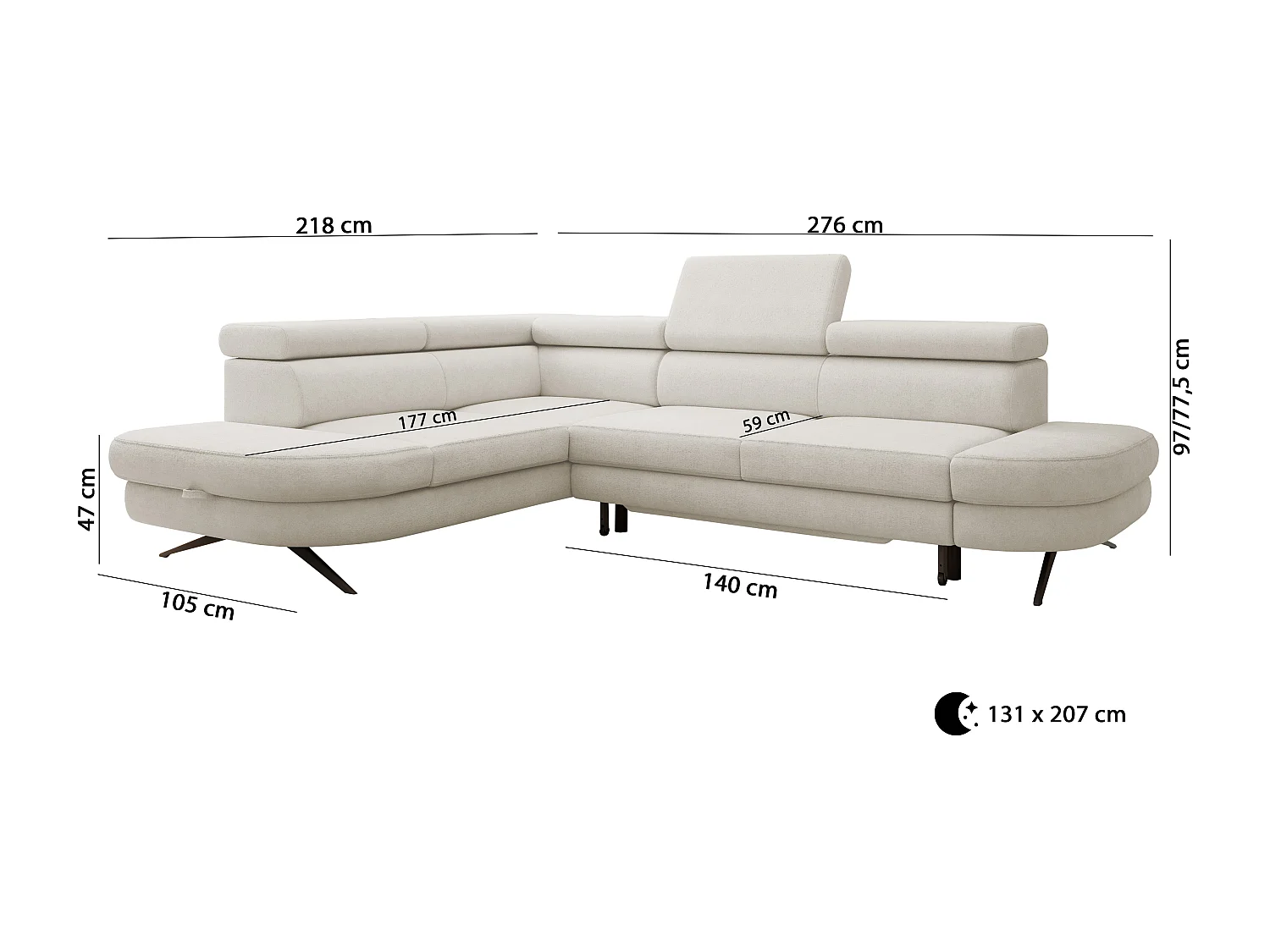DomoHome canapé d'angle OTIS couchage tête réglable AURORA tissu droite 131x207cm 276x218x97cm gris cendré