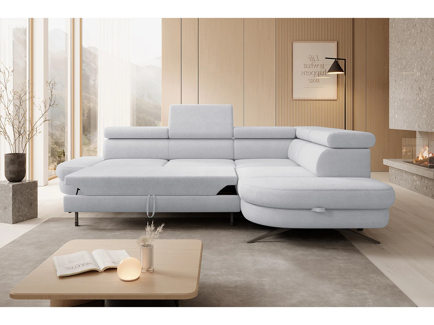 DomoHome canapé d'angle OTIS couchage tête réglable AURORA tissu droite 131x207cm 276x218x97cm gris cendré