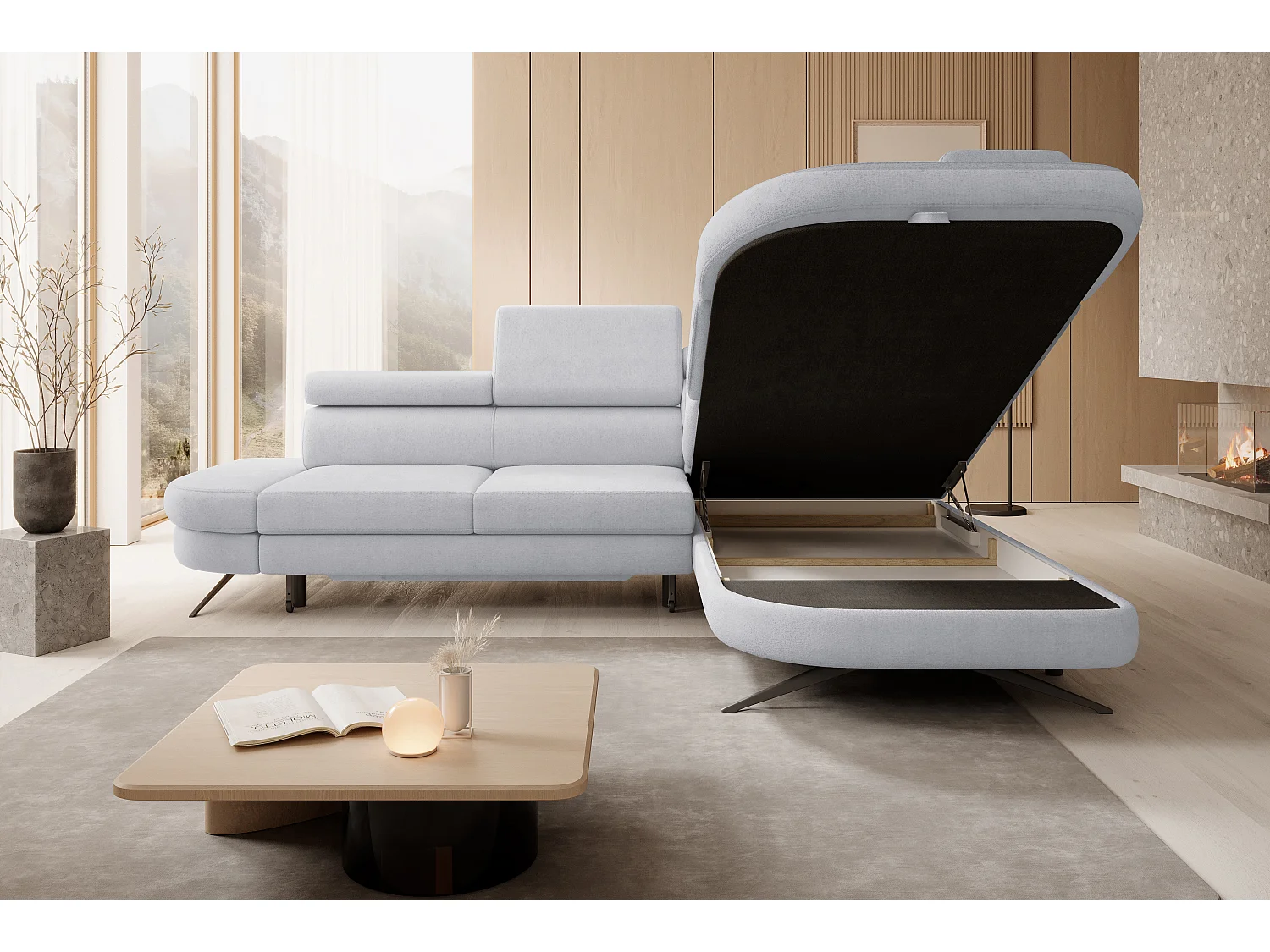 DomoHome canapé d'angle OTIS couchage tête réglable AURORA tissu droite 131x207cm 276x218x97cm gris cendré