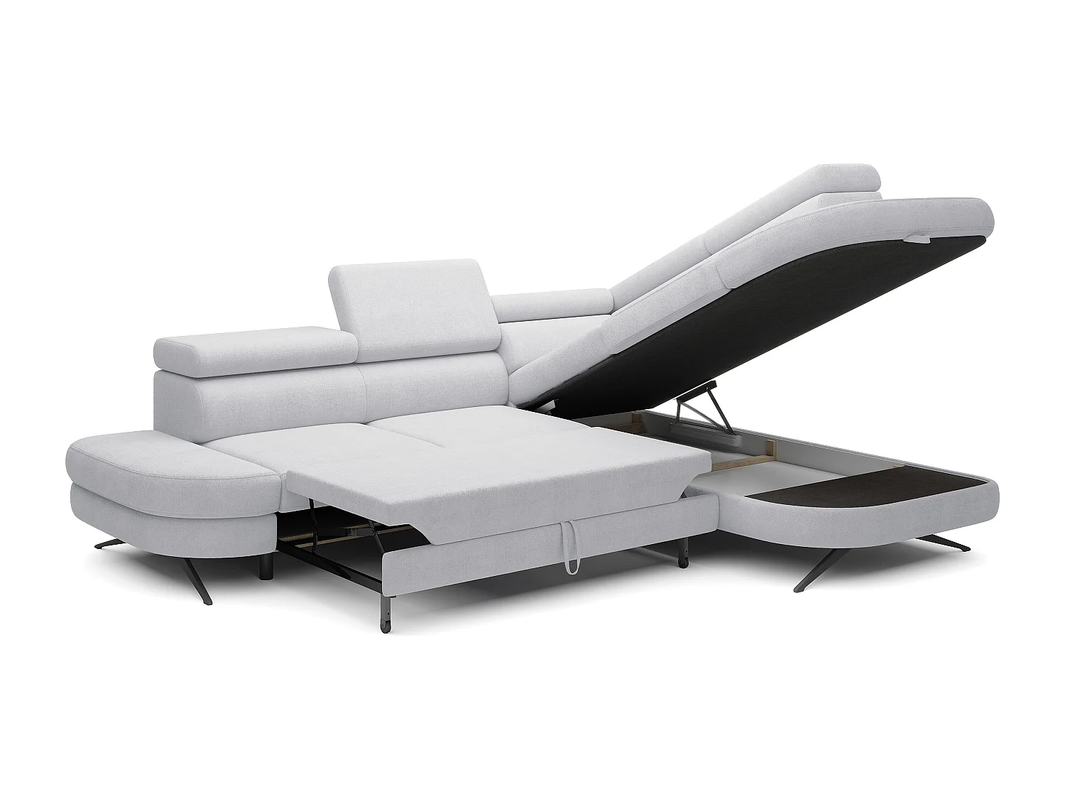 DomoHome canapé d'angle OTIS couchage tête réglable AURORA tissu droite 131x207cm 276x218x97cm gris cendré