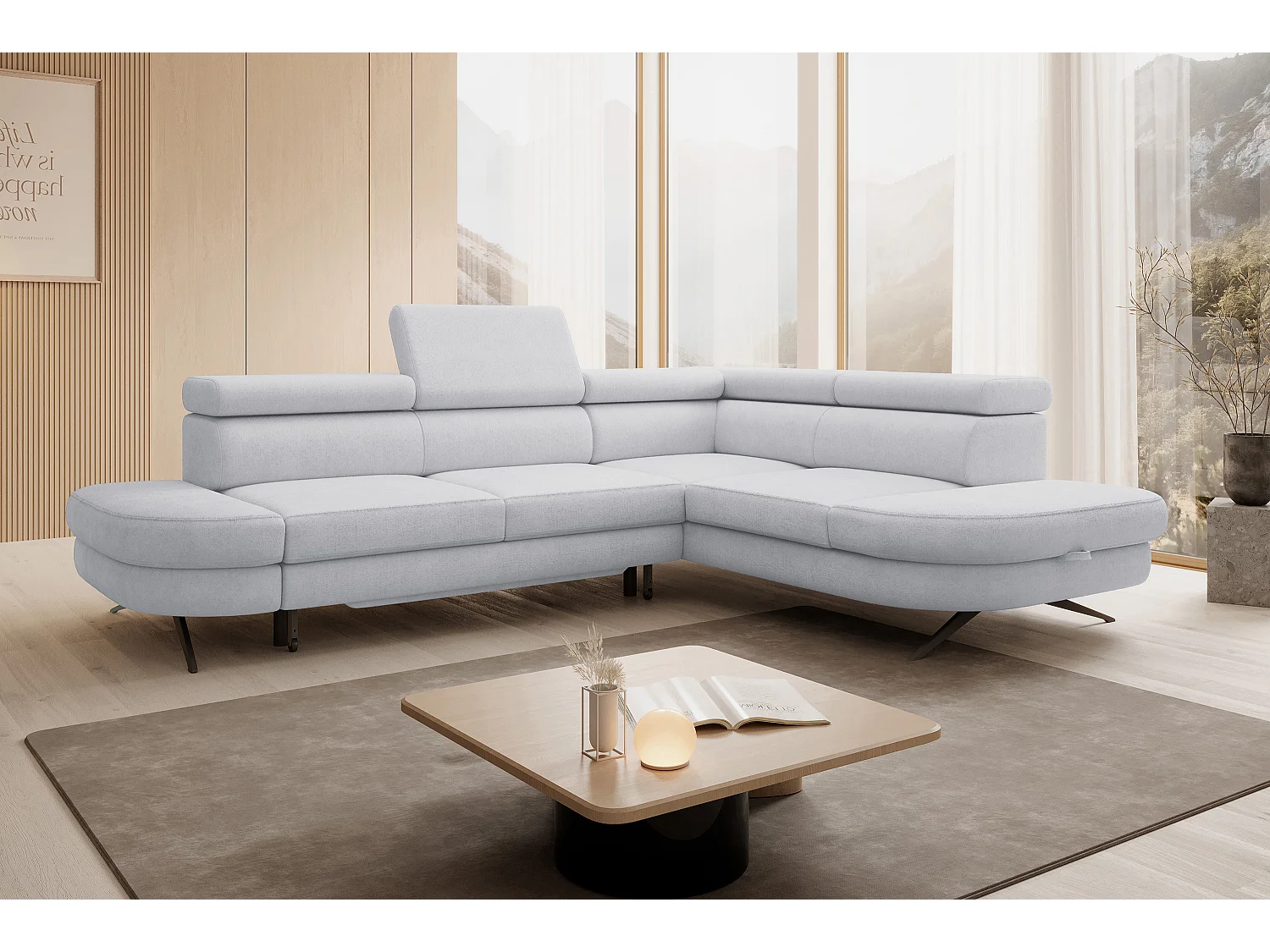DomoHome canapé d'angle OTIS couchage tête réglable AURORA tissu droite 131x207cm 276x218x97cm gris cendré