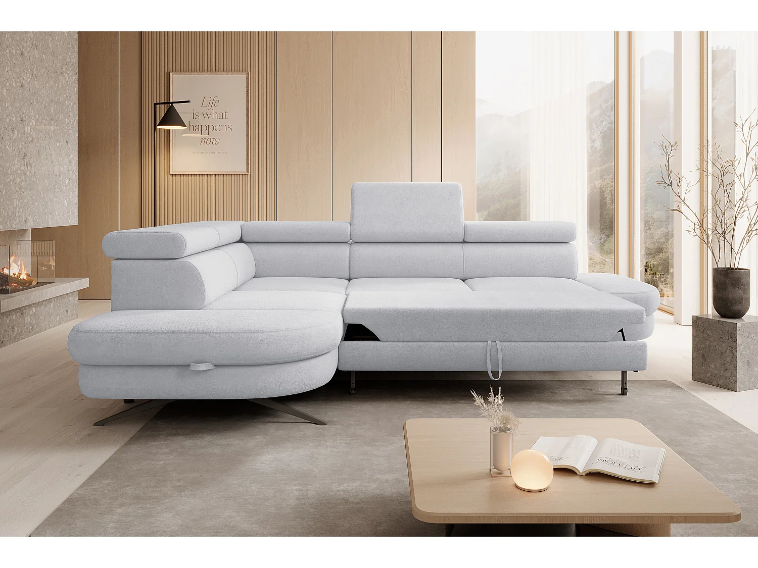 Hoekbank OTIS met slaapfunctie 131x207 cm, verstelbare hoofdsteunen, AURORA, linkeropstelling, 276x218x97 cm, lichtgrijs