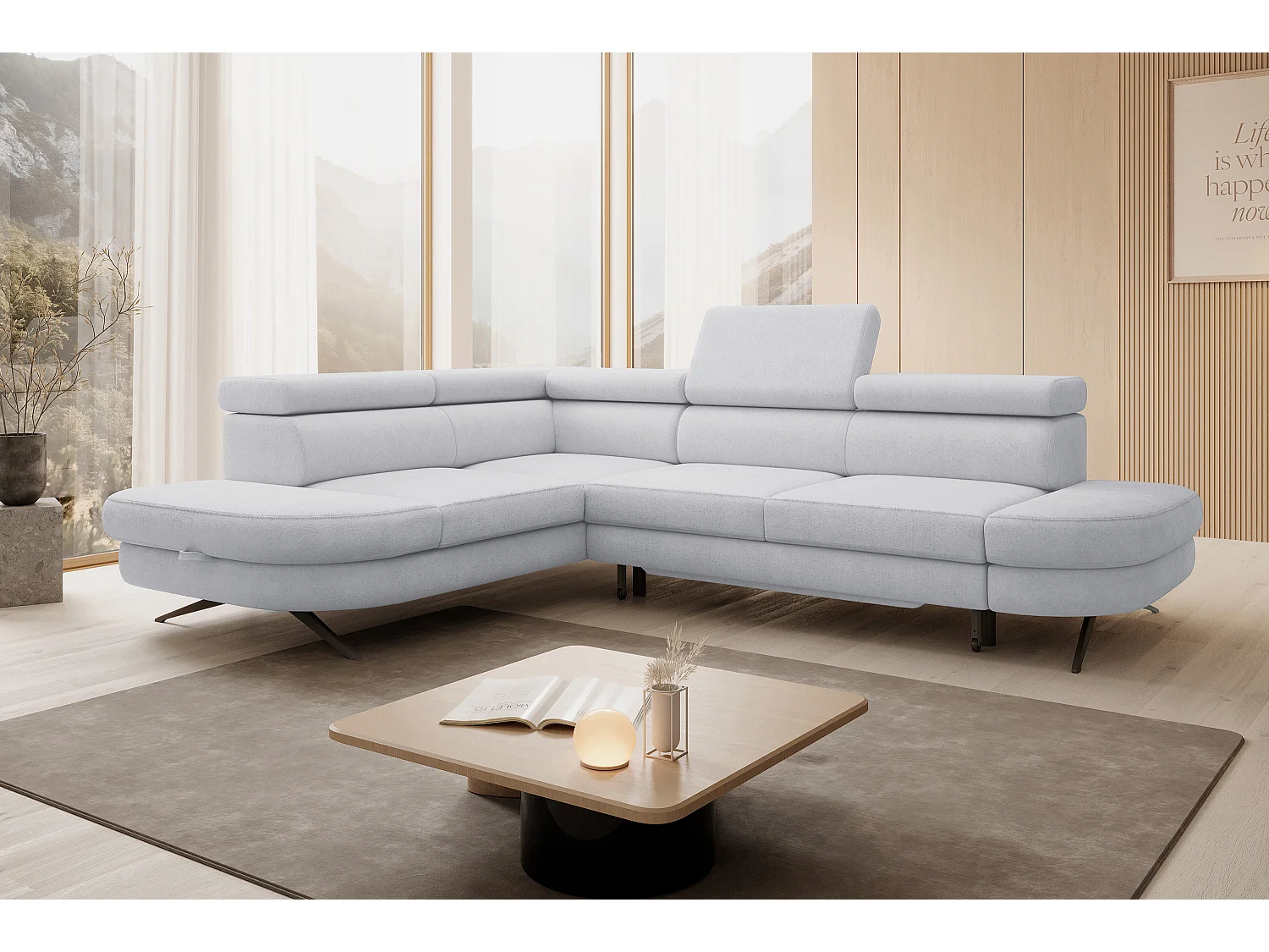 Hoekbank OTIS met slaapfunctie 131x207 cm, verstelbare hoofdsteunen, AURORA, linkeropstelling, 276x218x97 cm, lichtgrijs